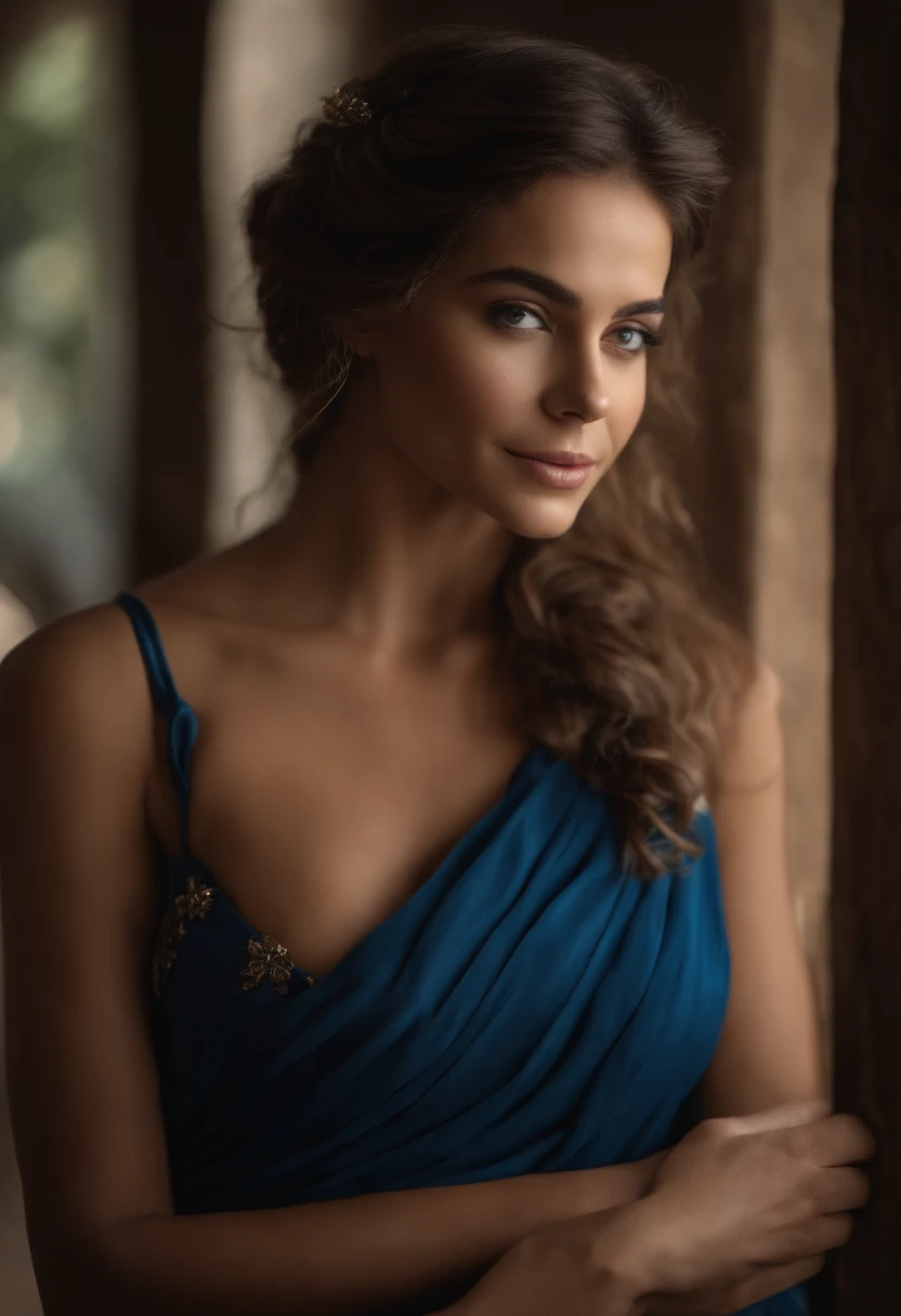 The setting is ancient Greece around the fifth century B.C. Uma bela princesa caminha pelo porto acompanhada por suas damas de companhia. The princess wears a headband and a beautiful richly decorated blue silk tunic. corpo inteiro, whole body view, cabelos loiros, short hair, cabelo sobre o ombro, messy hair, eye reflection, olhos brilhantes, olhos azuis, olhos europeus, maquiagem, sorrir, sorriso leve, sorriso sedutor, pele clara, rosto perfeito, beautiful face, perfect feets, Neoclassicismo muito sexy, classic greek, profundidade de campo, Cinematic lighting, reflection light, Backlighting, Hasselblad, 135 mm, F/16, UHD, master part, anatomicamente correto, pele texturizada, super detalhe, alta qualidade, detalhes altos, Concedido, Alto, 1080P, 8k