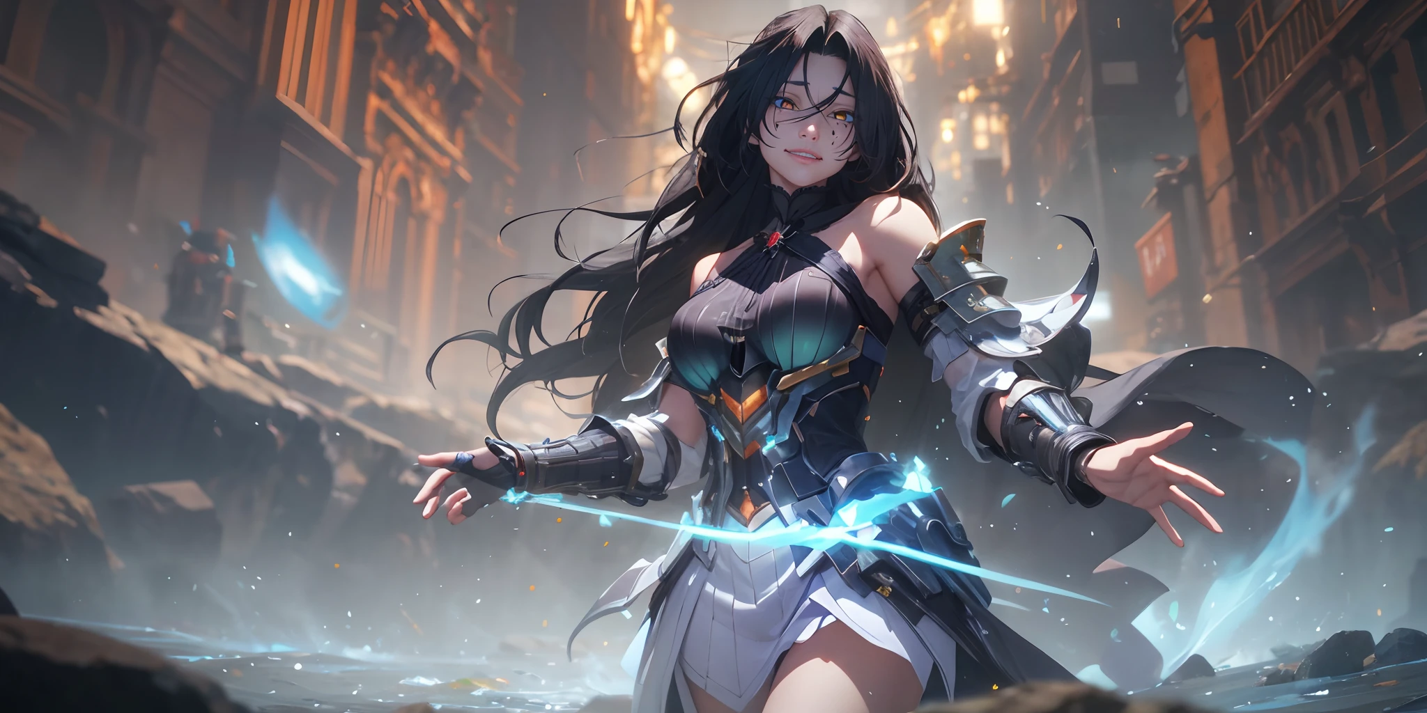 (black hair long hair:1.6), orange eyes, 1girl, solo,  breasts, dress, large_breasts, bare_shoulders, water, armor, glow effects, godrays, Hand drawn, render, 8k, octane render, cinema 4d, blender, dark, atmospheric 4k ultra detailed, cinematic, Sharp focus, big depth of field, Masterpiece, colors, 3d octane render, 4k, concept art, trending on artstation, hyperrealistic, Vivid colors, extremely detailed CG unity 8k wallpaper, trending on CGSociety, Intricate, High Detail, dramatic, glowing eye