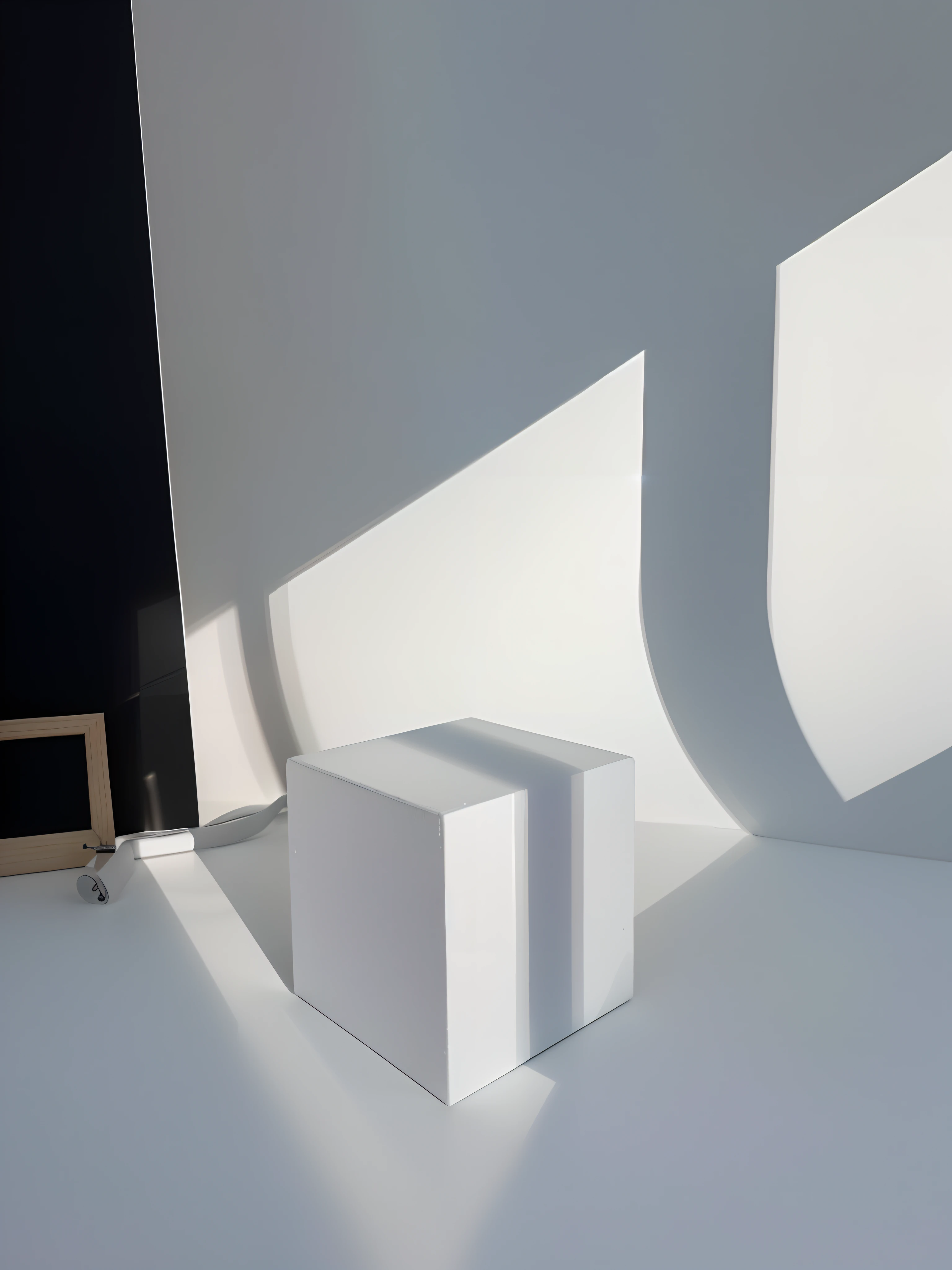 On a white surface, next to a small wooden frame, there is a white box, Full visualization of light in shadow, Solid Cube of Light, White Box, Studio Lighting, Light source on the left, Light and shadow effects, White background with shadows, light and shadow, Product photography, product photography, on a white table, Studio Lighting Illumination