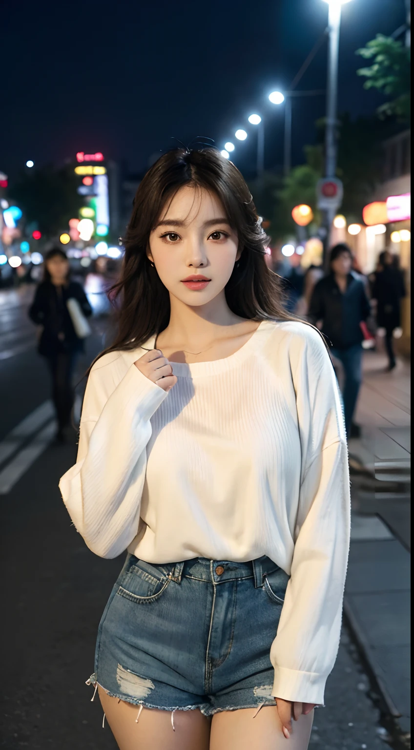 (Best Quality,16 K,hight resolution,masutepiece:1.2),Ultra-detailed,(Realistic,Photorealistic,Photorealsitic:1.37),Korean Fashion Beauty,Japan and the beauty of Korea,Cute and innocent,Eyes and faces with detailed,Beautiful detailed lips,White teeth,long eyelashes,Slimming down,Fashionable in dressings,Shorts Short Skirt,Plump upper circumference,(lovely,Charming:1.1),Colorful street background,Stylish clothes and accessories,The fabric of the clothes is smooth,Portrait-style photography,Vivid colors,Street lights.