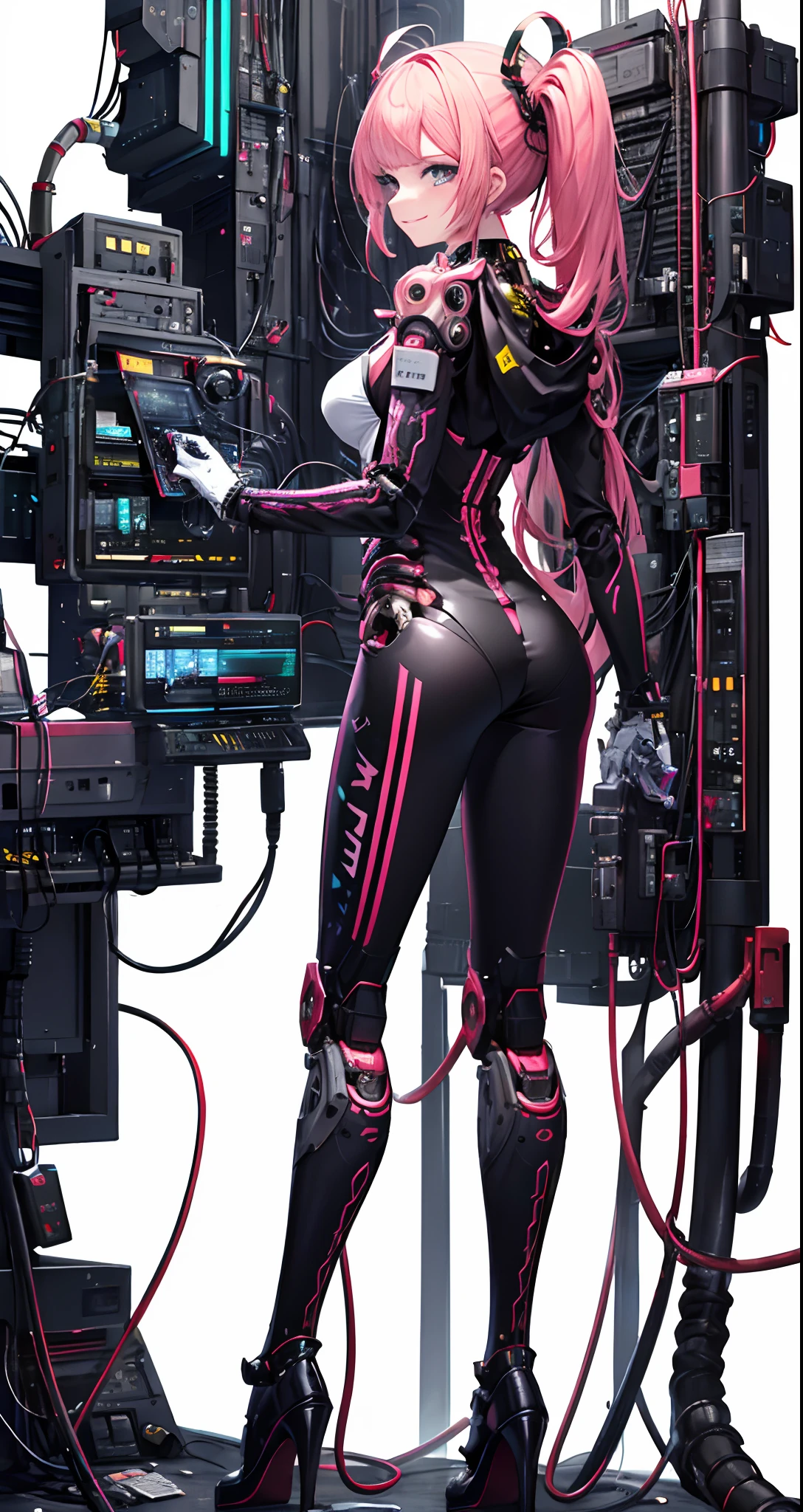 (((masutepiece))), (((Best Quality))), ((Ultra-detailed)), (High Definition CG Illustration), ((extremely delicate and beautiful)),Cinematic Light,((1mechanical girl)),Solo,Full body,Long hair,(Machine-made joints:1.2),((machanical limbs)),(blood vessels connected to tubes),(mechanical vertebra attaching to the back),((mechanical cervial attaching to neck)),A smile,(wires and cables attaching to neck:1.2),(wires and cables on head:1.2)(Character Focus),Science fiction,ighly detailed,Colorful,highest details, Cyberpunk hacker girl, Dowdy Hoodie, Long sleeves, Costume based on pink, Chestnut twin-tailed hair, high heels boots, Digital Painting, 8K High Resolution, trend artstation, White background, Whole body, Mechanized limbs