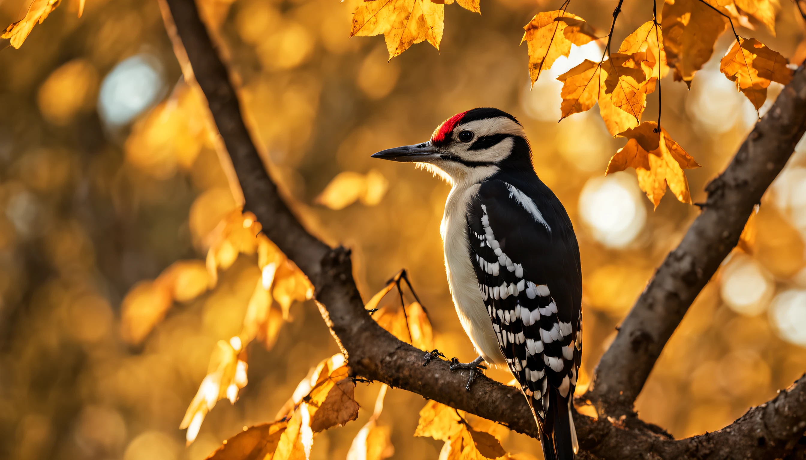 Woodpecker on tree in the autumn garden full of fallen yellow leaves,soft autumn sunlight, autumn sunlights, shutterstock, autumn light, sunny amber morning light, autumn sunrise warm light, golden autumn, tree-lined path at sunset, autumn lights, melancholy autumn light, at sunset in autumn, golden rays of sunlight, autumn forest, bright dappled golden sunlight