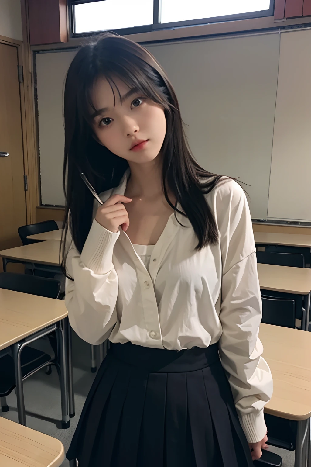 absurderes, Raw photo, Extremely delicate and beautiful, masutepiece, Best Quality, Ultra High Resolution, 16 K, hyper realisitic, Realistic, Photorealistic, Photorealsitic, Ultra-detailed, Perfect Anatomy, super detailed skin, Perfect figure, Very detailed CG 8k wallpaper, in her 20s, Very slim body, Narrow waist, Very small head, Very small face, Delicate facial features, tear moles, Earring, thin legs, (very massive round chest), (Full body shot:1.2), (2 Girl), Short hair, (Wavy Hair), (light brown hair), (Wet clothes), (School uniform:1.3),