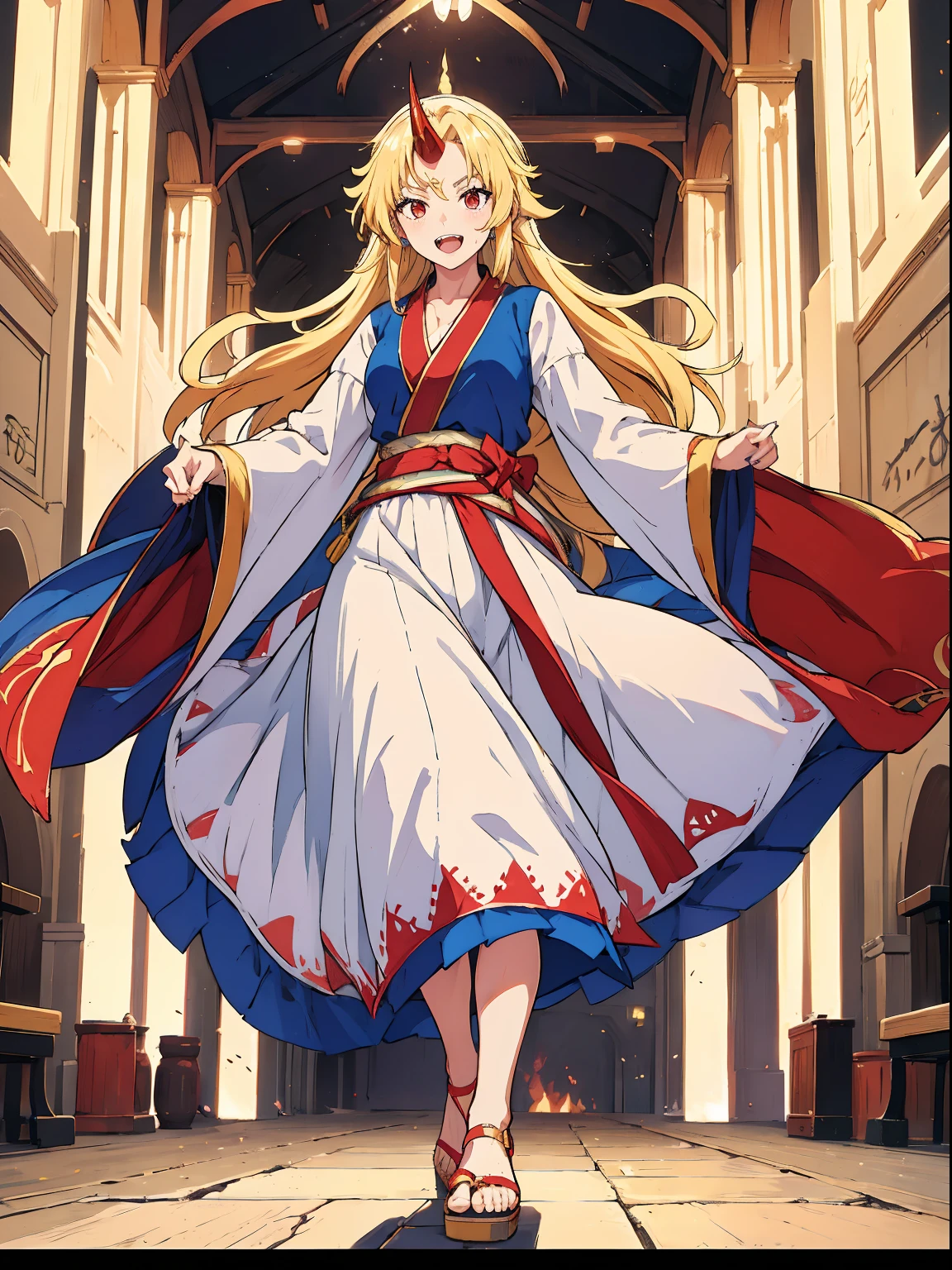 hoshiguma yuugi, european medieval cloths, crazy smile, medium breast, large skirt, long skirt, flipflops, full body, standing, medieval clothing,long skirt,(best quality,4k,8k,highres,masterpiece:1.2),ultra-detailed,(,1.37),portraits,vivid colors,warm tones,soft lighting, sharpteeth open mouth ,smile