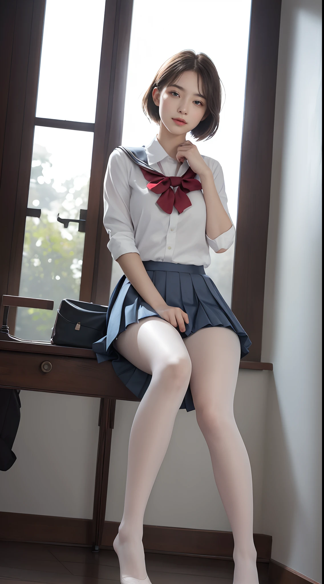 Kujikawa Def,Twin tails,school uniform,Seraph of the Black,Long sleeve,skirt,Knee socks,jewelry,Earrings,Straddle,
Highest quality, Very detailed, masterpiece, Absurd,8k,   photoRealistic, Realistic,Detailed skin texture,Detailed pupil,High resolution,Natural light,
One girl,alone,(Happy:1.1),(smile:1.2),short hair,Brown Hair,(Angular face:1.2),Shining Face,Large Breasts, Tight waist, Lip Makeup,Wet shirt,Spread your legs,(I can see her panties:1.5)Bra is visible,(Orgasm:1.5)