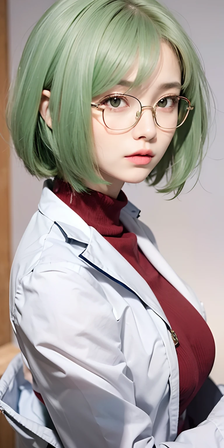 1girl,big breast,green hair,short hair,glasses,yellow eyes, white and red clothes