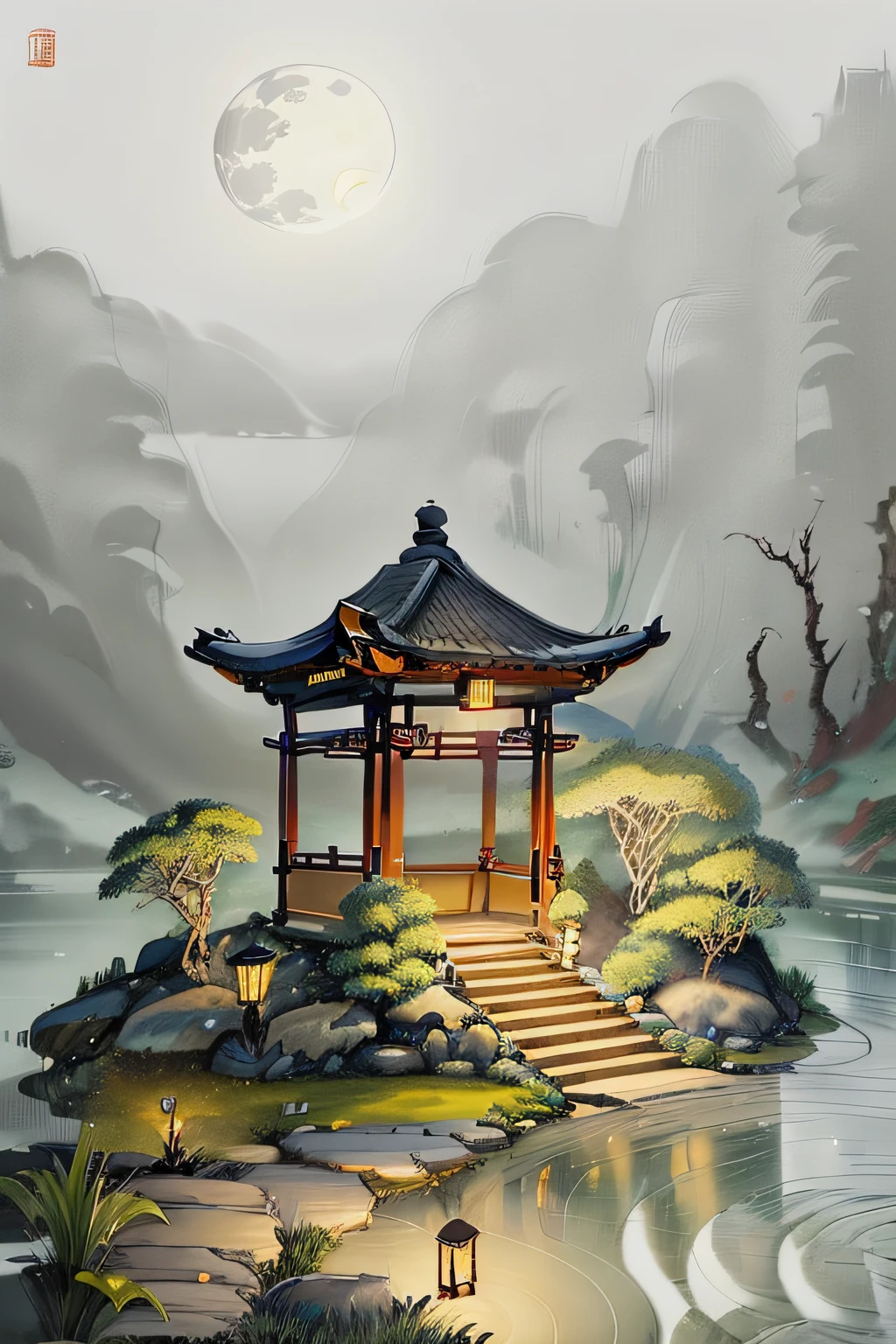masterpiece,best quality,Chinese martial arts style,an asian night scene with lanterns and water lilies,asian pond with many lanterns and boatsa night scene with many lights and boats in the water, Lake surface, lotus flowers,beautiful night scene,(((Chinese martial arts style))), with vast sky, continuous mountains and steep cliffs, ink wash style, outline light, atmospheric atmosphere, depth of field, mist rising, bamboo, pine trees, octagonal stone pavilion, waterfall flowing water,big full moon,(No color) , Monochrome, light color,