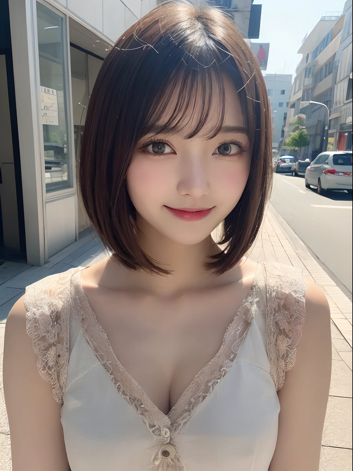 masutepiece, Best Quality, Illustration, Ultra-detailed, finely detail, hight resolution, 8K Wallpaper, Perfect dynamic composition, Beautiful detailed eyes, doress, mid-chest, Natural Color Lip, Random and sexy poses,Smile,Aoyama Street Walk、20 years girl、bobhair,Short hairstyle