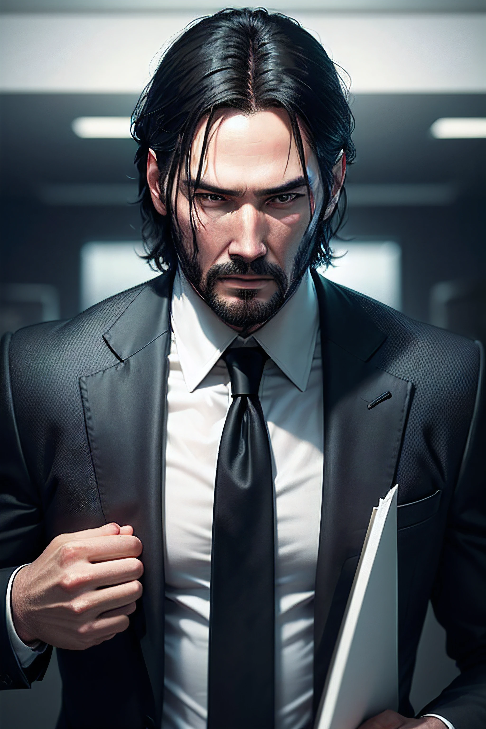 John Wick black suit young businessman black hair ultra masculine face strong face sharp face high contrast looking directly at camera