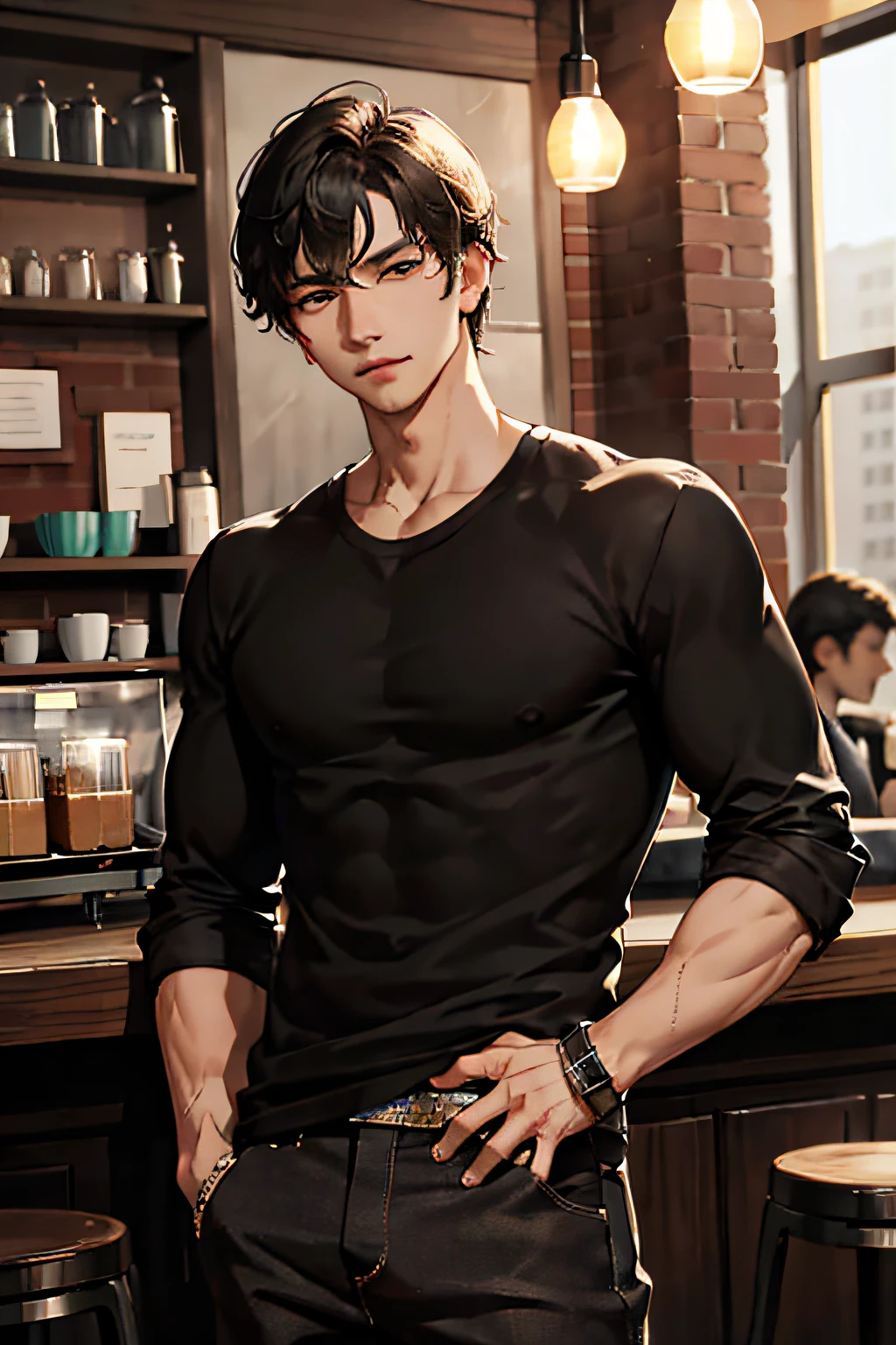 (masterpiece:1.2, best quality), (real picture, intricate details), solo, 1 male character, black hair, close-up face, shirt, (front focus), Looking at me, badboy, he is standing in a coffee shop waiting someone