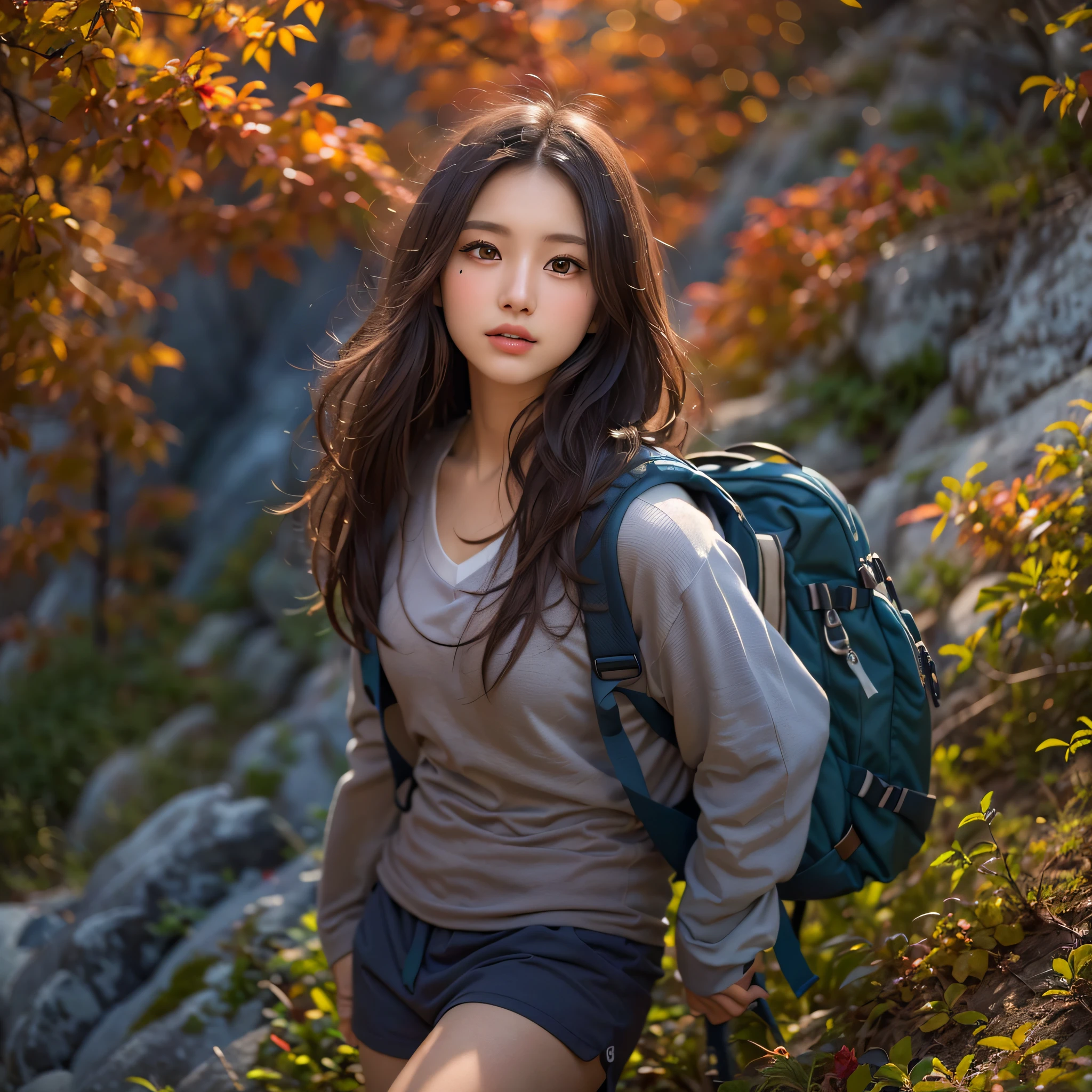 (Naturescape photography), (best quality), masterpiece:1.2, ultra high res, photorealistic:1.4, RAW photo, (Magnificent mountain, sea of clouds), (On a very high mountain peak), (sunset), (wideangle shot), (Show cleavage:0.8),
(1girl), (Photo from the knee up:1.3), (18 years old), (happy:1.2), (shiny skin), (real skin), (semi-long hair, dark brown hair)
(loose white V-neck T-shirt, blue Trekking shorts), (Carrying a large backpack),
(ultra detailed face), (ultra Beautiful fece), (ultra detailed eyes), (ultra detailed nose), (ultra detailed mouth), (ultra detailed arms), (ultra detailed body), pan focus, looking at the audience, Colored leaves, autum