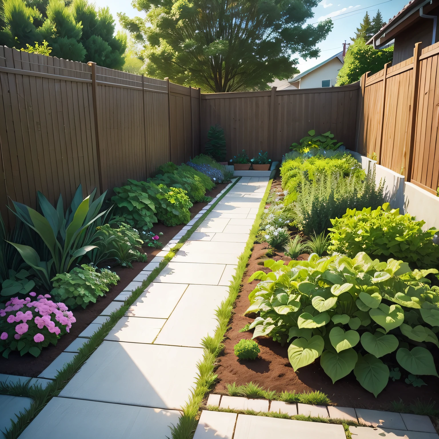 Low-maintenance side yard ideas with Raised Garden Beds and Permeable Pavers