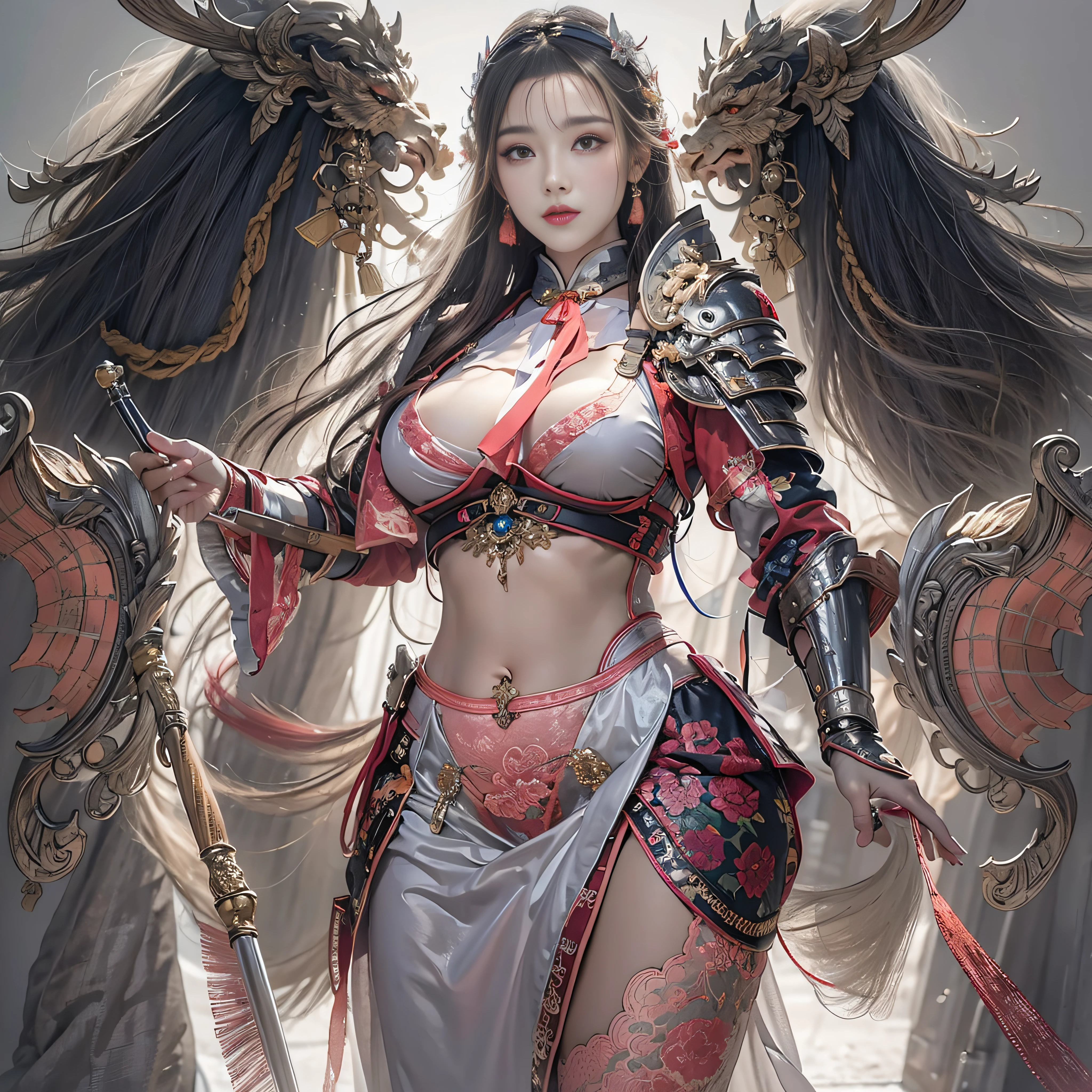 photorealistic portrait, high-res, Soft light,1woman, bara, full body image, Slender Figure, Beautiful hips, gleaming skin, Overflowing big breasts, seductive posture., Reveal the breasts......, (higly detailed face), Beautiful Chinese Armor