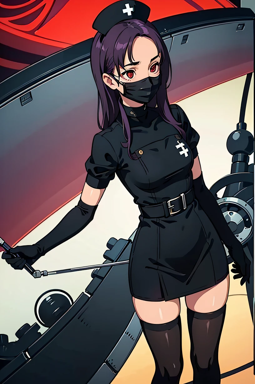 black nurse, 1woman, solo, black nurse cap, black wear, ((black legwear, zettai ryouiki)), black elbow gloves, long hair, purple hair, red eyes, ((black surgical mask, covered nose)), standing, ((surgery room)), sharp outline, short sleeves, mature female, 35 years old, best quality, masterpiece