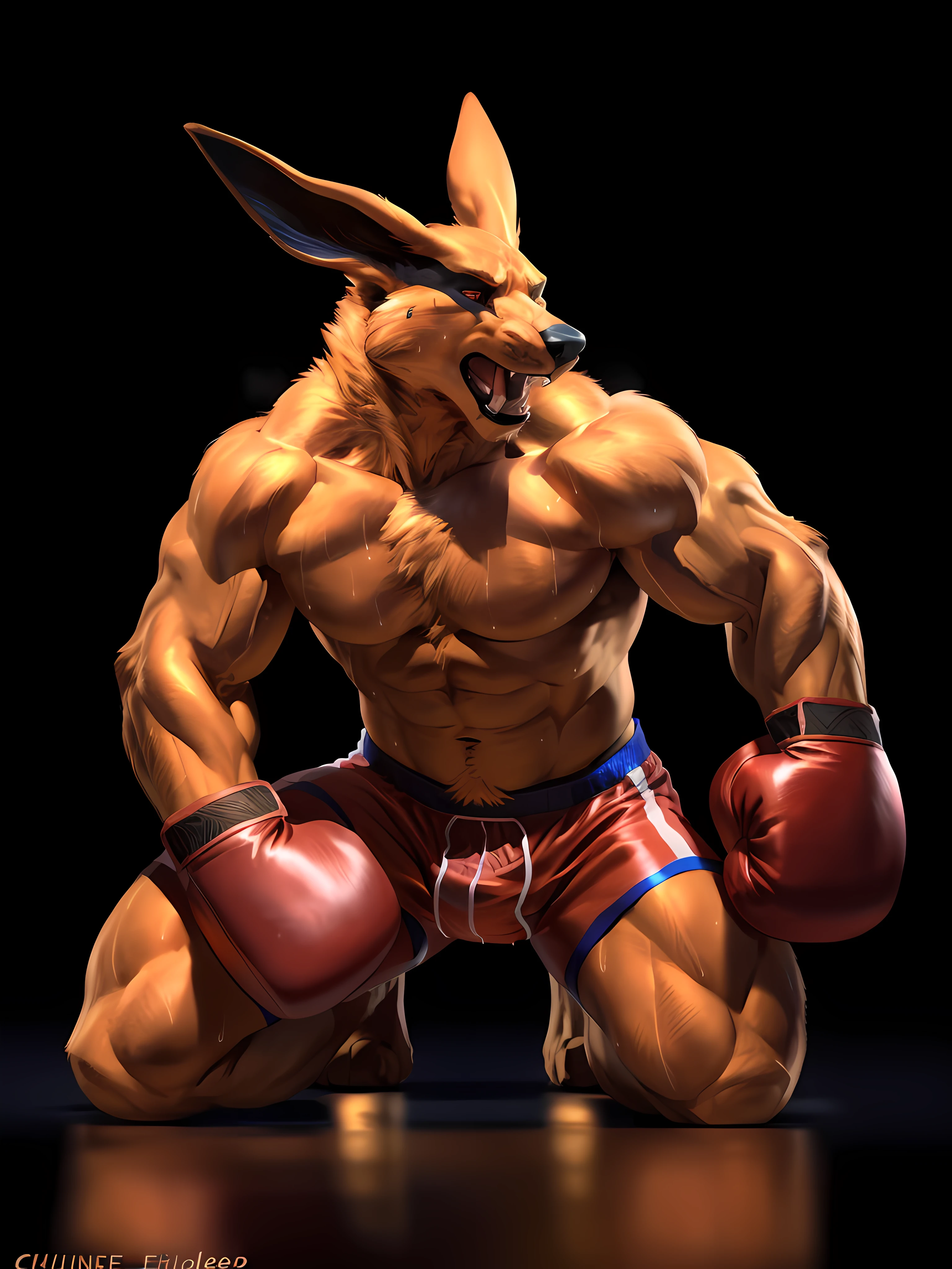 kurama, wearing boxing gloves, 4k, high resolution, best quality, posted on e621, solo, anthro body, male, adult, very masculine, (very muscular, very defined muscles, strong pectorals, large pecs, muscular arms, muscular legs, heavyweight:1.2), correct anatomy, (black background, no background, featureless background:1.4), (by wfa:0.6), (by spelunker_sal:0.6), (taran fiddler anatomy, chunie lighting:1.0), (red boxing trunks, red boxing gloves), (detailed eyes:1.2), (detailed shading, photorealistic shading, masterpiece:1.2), single tail, kneeling on floor, (sweat:1.2), head raised, open mouth, visible breath, exhausted, fists lowered