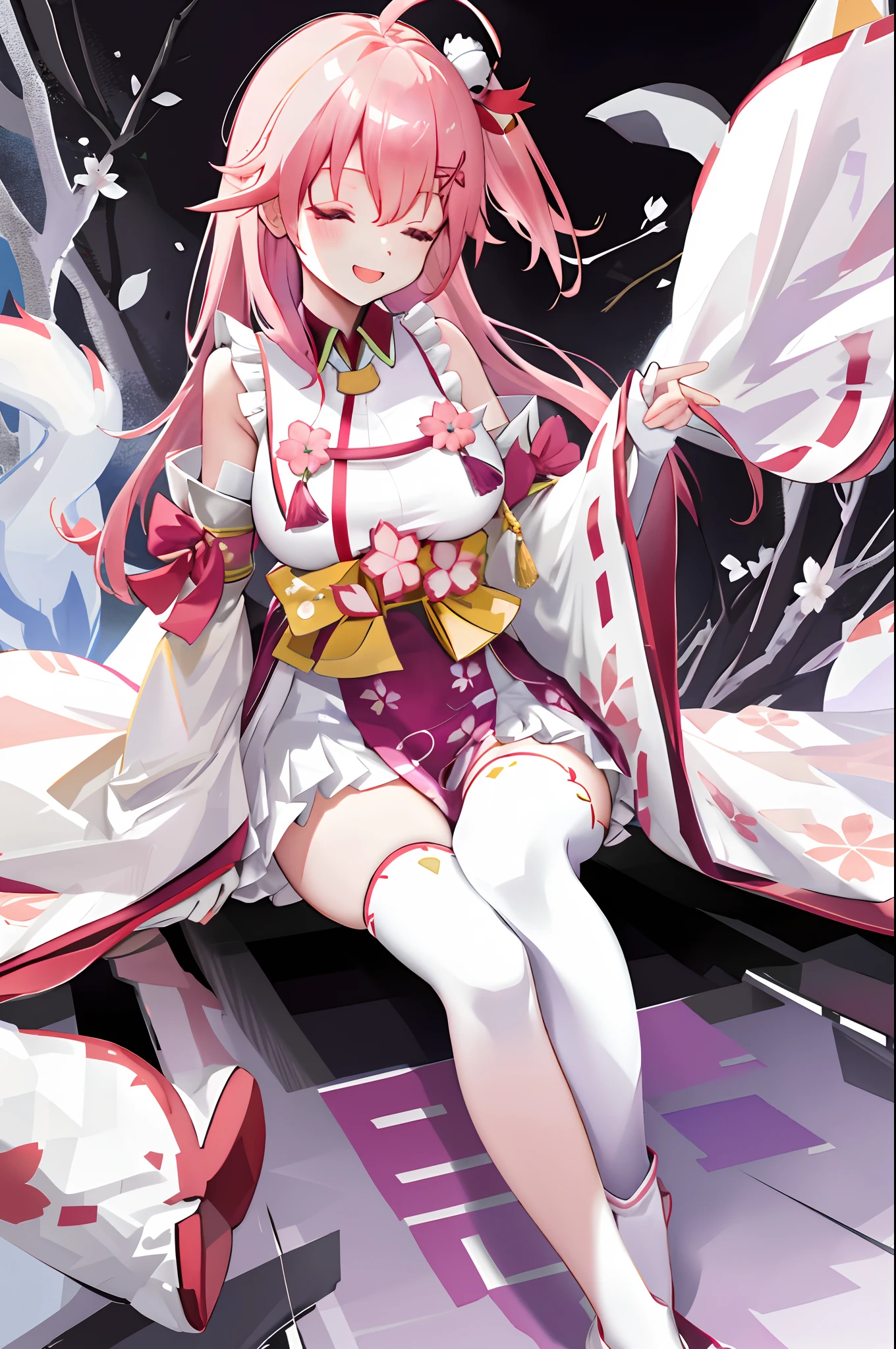masterpiece, best quality, highres, miko1, sakura_miko, 1girl, large_breasts, solo, ahoge, x_hair_ornament, pink_hair, floral print, hairclip,(side_less_clothes:1.3), (sideboobs:1.5), hair_bell, floral print, long_hair, hair between eyes, one side up, white thighhighs, asymmetrical legwear, wide sleeves, open_mouth,happy,close_eyes, smile,rising_leg,plump,apart_legs,(overly_long_sleeves:1.3),(beautiful_fingers),sleeves_past_wrists,hands_hidden_sleeves,sidelock_clothes,dynamic_posing,