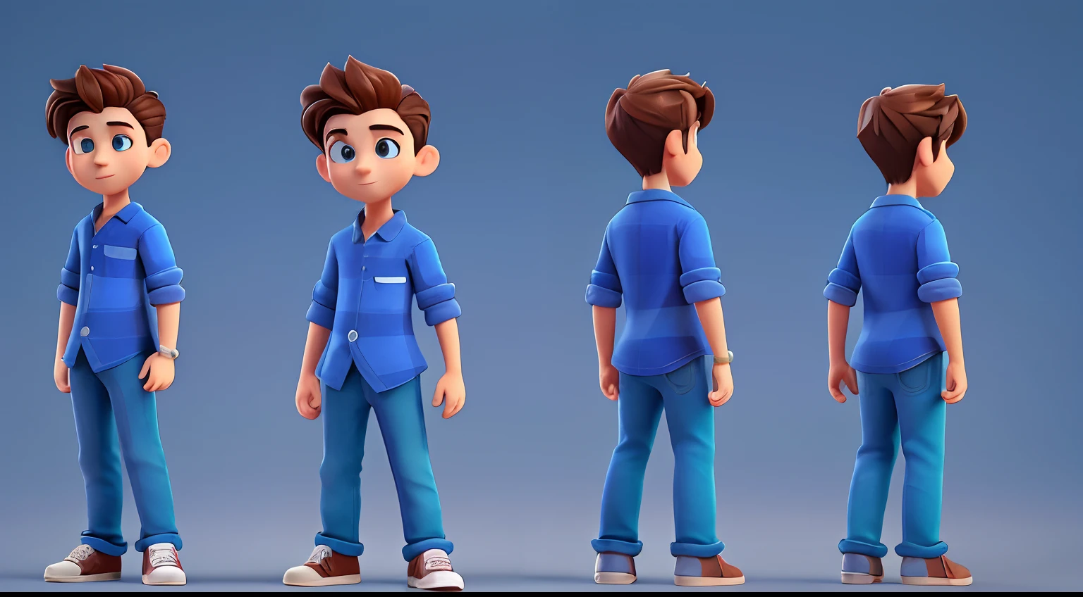 A cartoon boy in a blue shirt and jeans poses for a photo, Stylized character, 3D character, 3D character, animation character, cartoon character, Highly detailed character, 3D character rendering, Character pose, Body character full length, cute cartoon character, 3d stylized rendering, character model, close up character, full body single character, 3d character model, various poses, side, front, back