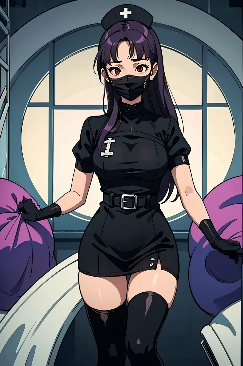 black nurse, 1woman, solo, black nurse cap, black wear, ((black legwear, zettai ryouiki)), black elbow gloves, long hair, purple hair, red eyes, ((black surgical mask, covered nose)), standing, ((surgery room)), sharp outline, short sleeves, mature female, 35 years old, best quality, masterpiece