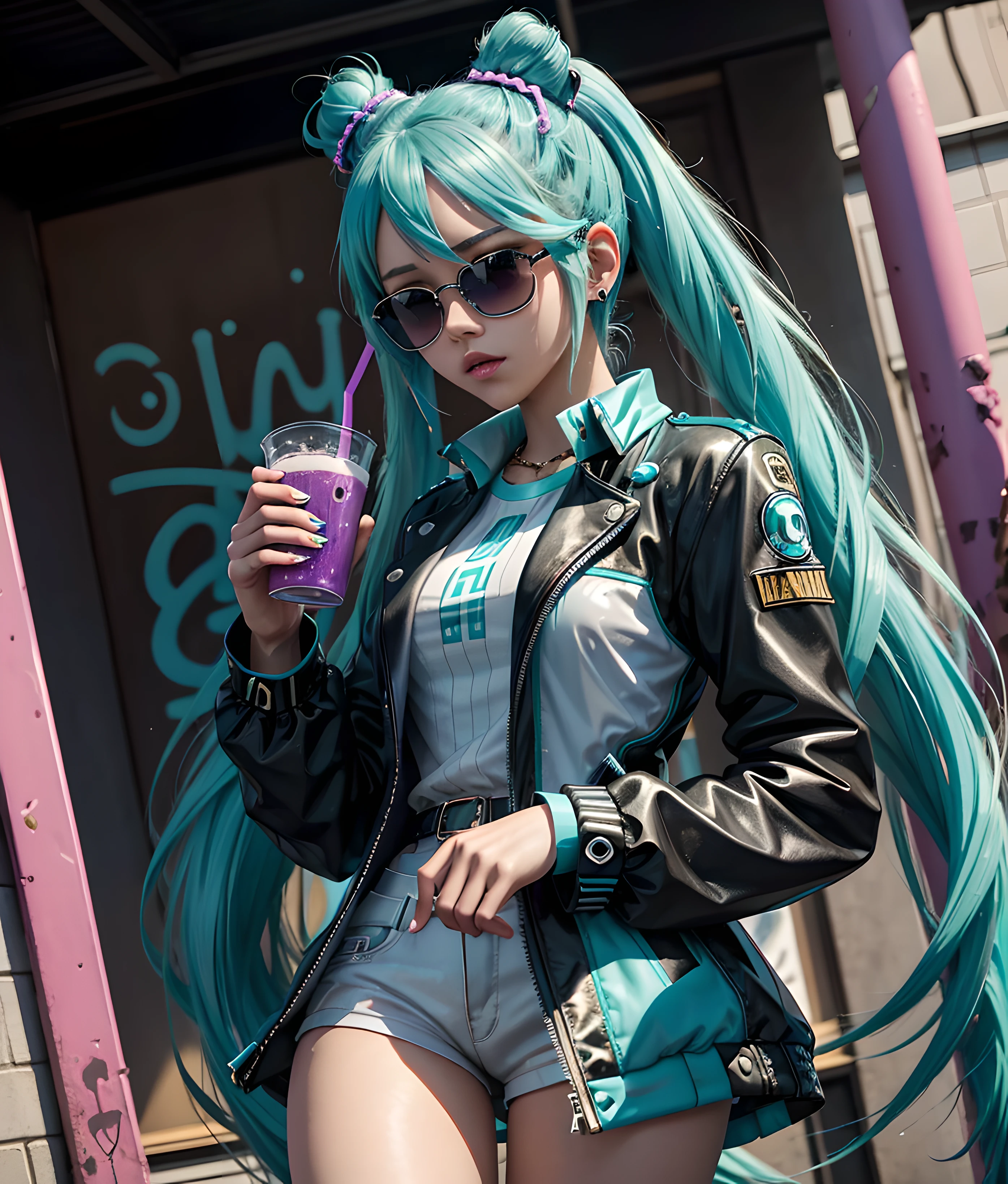 Hatsune Miku is a striking figure in her black puffer jacket, and the intricate details of the outfit are rendered with unsurpassed quality and attention to detail. The realistic textures and reflections on the jacket stand out, making the raindrops feel almost tangible. The reflections on her shiny outfit are incredibly crisp, enabling you to see your own reflection. Hatsune Miku is holding a white styrofoam cup filled with a purple drink.
As she stands with her back to the viewer, she emanates a captivating vibe of mystery and allure. The scene is a masterpiece, boasting impeccable quality and ultra-detailed features that showcase the artist's superb craftsmanship. Utilizing the latest technology in rendering, the result is a stunningly realistic portrayal of Hatsune Miku's outfit. The reflections and raindrops on her black Montclair jacket, along with her gold chain and jewelry are portrayed with the utmost care. The low-angle shot looking up adds to the sense of grandeur as Hatsune Miku's head faces the viewer, and her aviator-style sunglasses enhance her stylishness.
The background of the album cover is a grey color palette, as if it were taken at a house party. The street art graffiti in the background adds an edgy feel to the scene, as Hatsune Miku looks out with a serious expression in her eyes. This L. A. Ring-inspired art style gives the cover a hip hop vaporwave aesthetic, with clean lines and a dripped-out texture. The font and layout of the cover is inspired by chief keef and playboi carti, making for a cohesive and exciting album cover experience.
Overall, Hatsune Miku's stunning appearance adds to the already masterful scene, with her unique style and attention to detail. Her vibrant blue and pink hair falls in gentle waves down her back, and her sharp, piercing eyes hold a sense of intensity that draws in the viewer's attention. Her physical features, much like her outfit, are portrayed with the same level of intricacy and attention to detail.