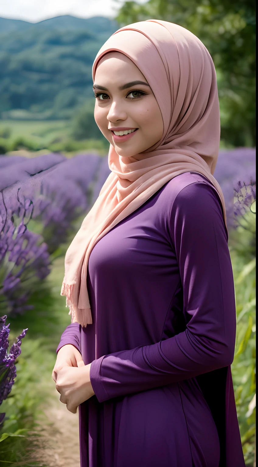 Malay girl in long hijab wear baju kurung, pastel color, walking in Lavender Fields, Provence – France , windy, blown her hijab, front view, detail skin, detail skin texture, mole below eyes, small breast, wide hips, small waist, thick thigh, slim abs, beautiful body, sunrise, laughing, happy, bright lighting, blur background, bokeh, 4k, ultra detail, high quality photo,