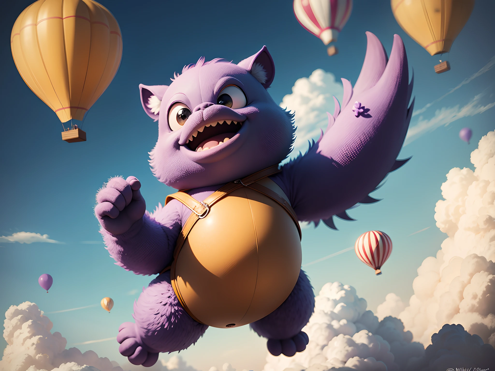 Purple monster flying in a cartoon style balloon
