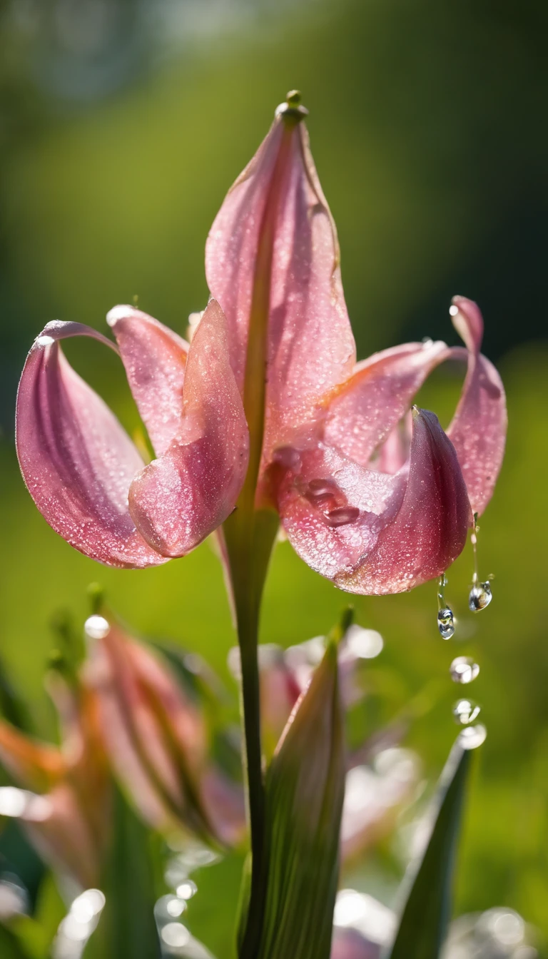 Palace lamp lily, Masterpiece , macro photography , closeup cleavage,filmgrain, Bokeh , Highly detailed, Sunny Sunny weather, Microflower, The drops, bblurry, subdued contrasts, rendering by octane , illusory engine