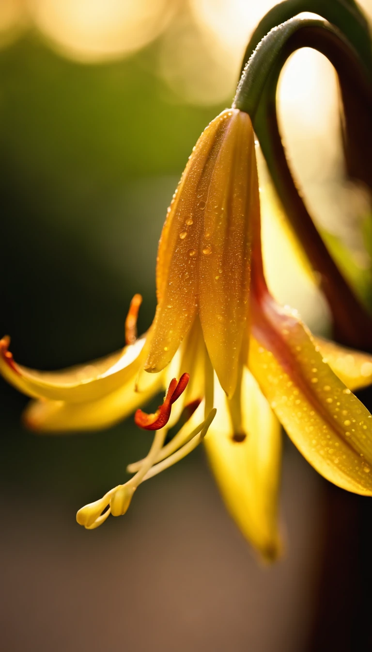 Palace lamp lily, Masterpiece , macro photography , closeup cleavage,filmgrain, Bokeh , Highly detailed, Sunny Sunny weather, Microflower, The drops, bblurry, subdued contrasts, rendering by octane , illusory engine