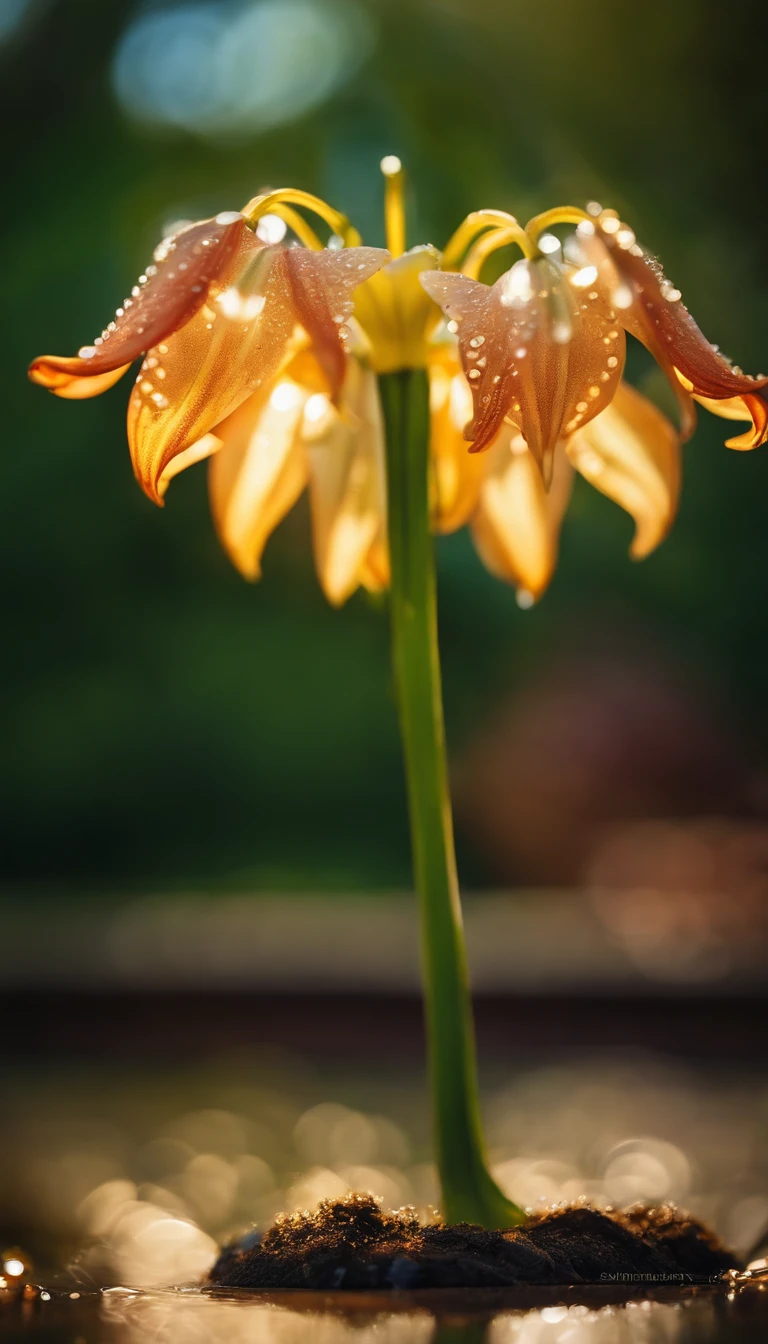 Palace lamp lily, Masterpiece , macro photography , closeup cleavage,filmgrain, Bokeh , Highly detailed, Sunny Sunny weather, Microflower, The drops, bblurry, subdued contrasts, rendering by octane , illusory engine