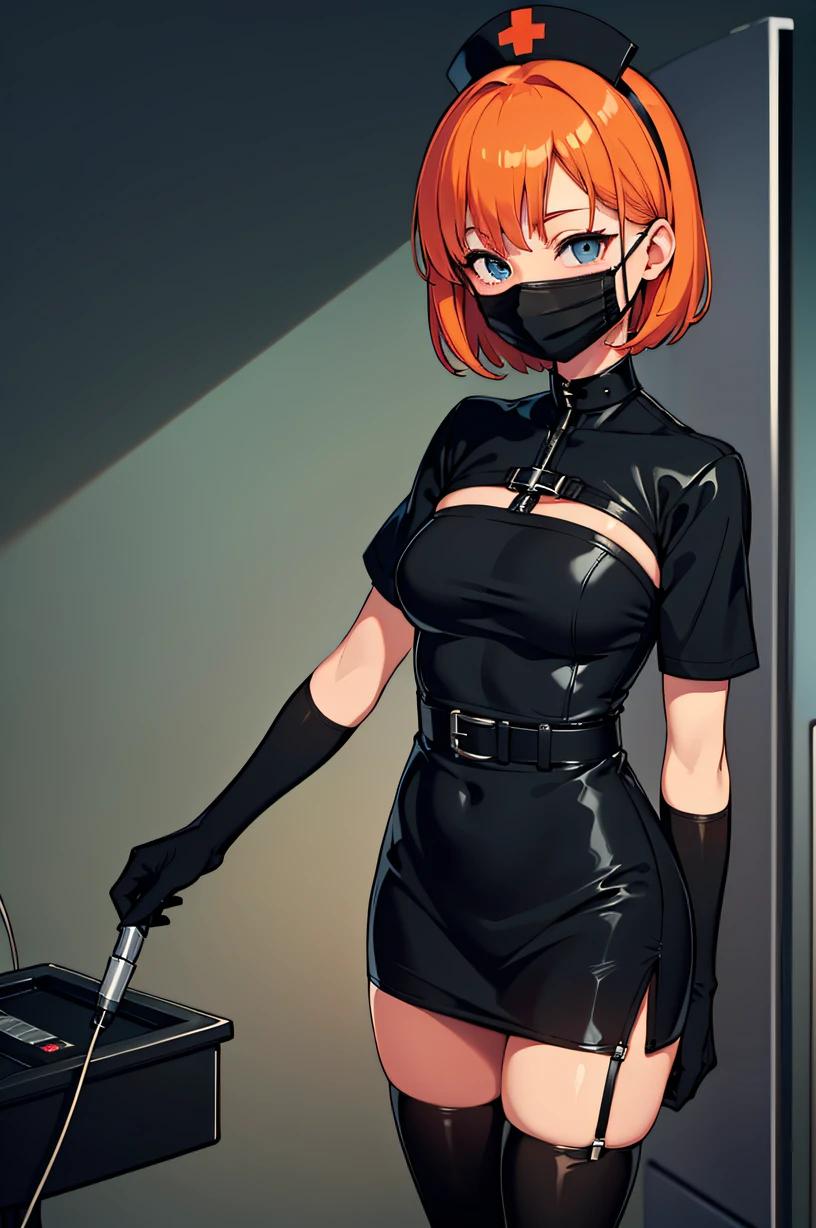 black nurse, 1girl, solo, black nurse cap, black nurse uniform, ((black legwear, zettai ryouiki)), black elbow gloves, very short hair, orange hair, ((black surgical mask, covered nose)), standing, ((surgery room)), sharp outline, short sleeves, tomboy, boyish, best quality, masterpiece