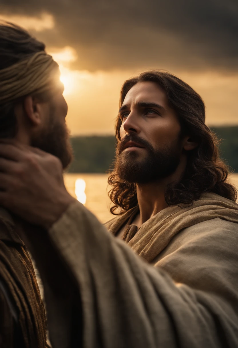 Jesus Cristo in front of a lake, blessing a soldier from the army with his hands,divine light shining on the soldier's face,silhouette of a cross in the background,serene and peaceful atmosphere,religious art style,holy aura,soft and warm color palette,sunlight casting soft reflections on the water,faith and spirituality,divine intervention,emotionally charged scene,religious symbolism,harmonious composition,attention to facial expressions,realistic depiction of Jesus' and soldier's features,dramatic lighting,subtle texture of the soldier's uniform and armor,attention to details in hair and beard of Jesus,calm and serene expression on Jesus' face,expressive and grateful expression on the soldier's face. (best quality, 4k, highres, masterpiece:1.2), ultra-detailed, photorealistic:1.37, HDR, studio lighting, extreme detail description, professional, vivid colors, soft focus, spiritually uplifting, inspiring and thought-provoking artwork.