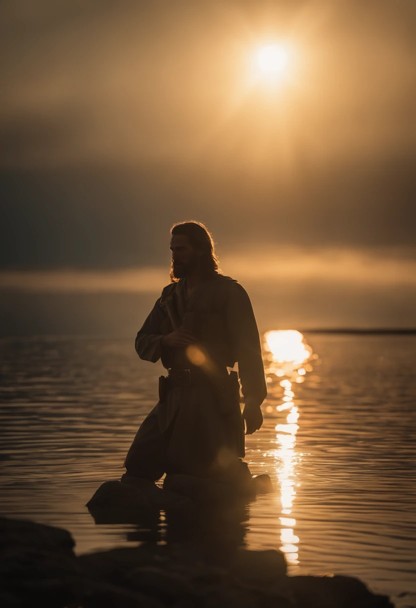 Jesus Cristo in front of a lake, blessing a soldier from the army with his hands,divine light shining on the soldier's face,silhouette of a cross in the background,serene and peaceful atmosphere,religious art style,holy aura,soft and warm color palette,sunlight casting soft reflections on the water,faith and spirituality,divine intervention,emotionally charged scene,religious symbolism,harmonious composition,attention to facial expressions,realistic depiction of Jesus' and soldier's features,dramatic lighting,subtle texture of the soldier's uniform and armor,attention to details in hair and beard of Jesus,calm and serene expression on Jesus' face,expressive and grateful expression on the soldier's face. (best quality, 4k, highres, masterpiece:1.2), ultra-detailed, photorealistic:1.37, HDR, studio lighting, extreme detail description, professional, vivid colors, soft focus, spiritually uplifting, inspiring and thought-provoking artwork.