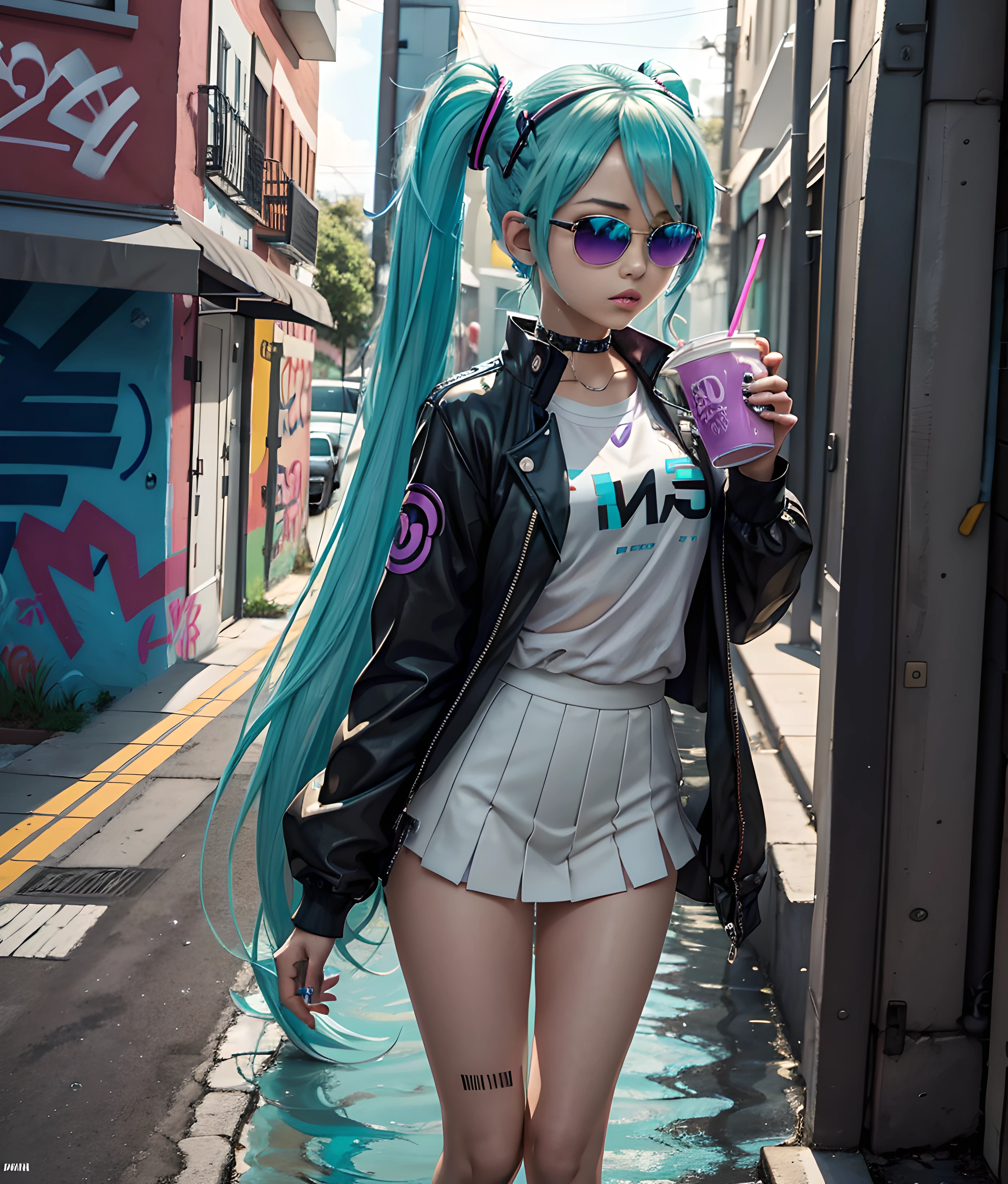 Hatsune Miku is a striking figure in her black puffer jacket, and the intricate details of the outfit are rendered with unsurpassed quality and attention to detail. The realistic textures and reflections on the jacket stand out, making the raindrops feel almost tangible. The reflections on her shiny outfit are incredibly crisp, enabling you to see your own reflection. Hatsune Miku is holding a white styrofoam cup filled with a purple drink. As she stands with her back to the viewer, she emanates a captivating vibe of mystery and allure. The scene is a masterpiece, boasting impeccable quality and ultra-detailed features that showcase the artist's superb craftsmanship. Utilizing the latest technology in rendering, the result is a stunningly realistic portrayal of Hatsune Miku's outfit. The reflections and raindrops on her black Montclair jacket, along with her gold chain and jewelry are portrayed with the utmost care. The low-angle shot looking up adds to the sense of grandeur as Hatsune Miku's head faces the viewer, and her aviator-style sunglasses enhance her stylishness. The background of the album cover is a grey color palette, as if it were taken at a house . The street art graffiti in the background adds an edgy feel to the scene, as Hatsune Miku looks out with a serious expression in her eyes. This L. A. Ring-inspired art style gives the cover a hip hop vaporwave aesthetic, with clean lines and a dripped-out texture. The font and layout of the cover is inspired by chief keef and playboi carti, making for a cohesive and exciting album cover experience. Overall, Hatsune Miku's stunning appearance adds to the already masterful scene, with her unique style and attention to detail. Her vibrant blue and pink hair falls in gentle waves down her back, and her sharp, piercing eyes hold a sense of intensity that draws in the viewer's attention. Her physical features, much like her outfit, are portrayed with the same level of intricacy and attention to detail.