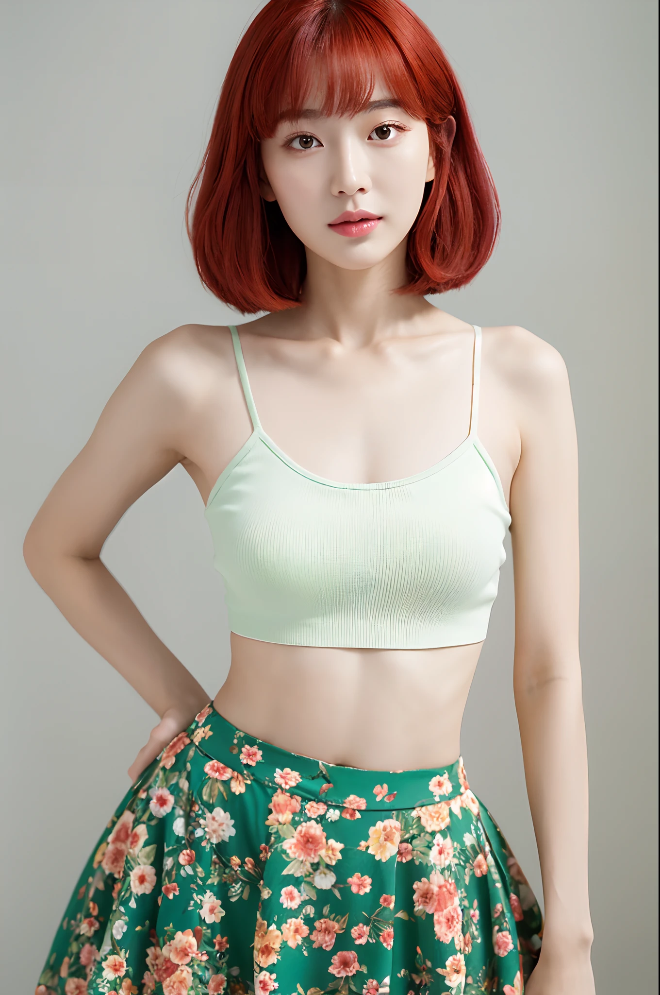 a woman in a floral crop top and mint skirt posing for a picture, croptop, crop top, bralette, wearing white camisole, bae suzy, wearing a camisole, physical : tinyest midriff ever, gorgeous young korean woman, heonhwa choe, cutecore, lulu chen, reluvy5213, light red hair