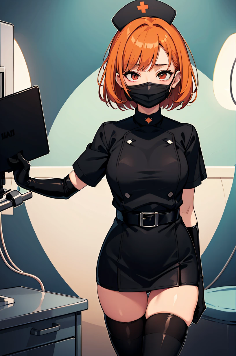 black nurse, 1girl, solo, black nurse cap, black wear, ((black legwear, zettai ryouiki)), black elbow gloves, very short hair, orange hair, ((black surgical mask, covered nose)), standing, ((surgery room)), sharp outline, short sleeves, tomboy, boyish, best quality, masterpiece