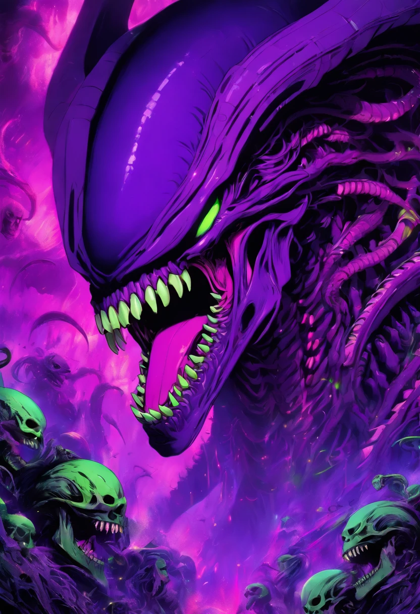 super beast purple and lime green, xenomorph skull face teeth screaming, sf, intricate artwork masterpiece, ominous, matte painting movie poster, golden ratio, trending on cgsociety, intricate, epic, trending on artstation, by artgerm, h. r. giger and beksinski, highly detailed, vibrant, production cinematic character render, ultra high quality model, Mysterious