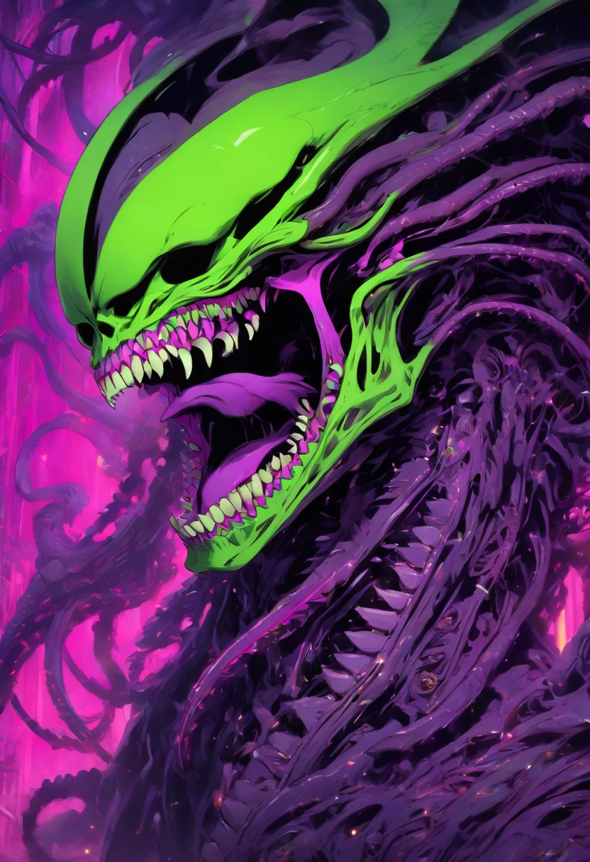 super beast purple and lime green, xenomorph skull face teeth screaming, sf, intricate artwork masterpiece, ominous, matte painting movie poster, golden ratio, trending on cgsociety, intricate, epic, trending on artstation, by artgerm, h. r. giger and beksinski, highly detailed, vibrant, production cinematic character render, ultra high quality model, Mysterious