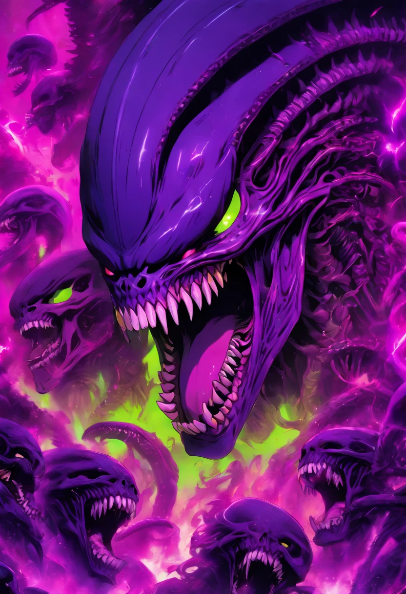 super beast purple and lime green, xenomorph skull face teeth screaming, sf, intricate artwork masterpiece, ominous, matte painting movie poster, golden ratio, trending on cgsociety, intricate, epic, trending on artstation, by artgerm, h. r. giger and beksinski, highly detailed, vibrant, production cinematic character render, ultra high quality model, Mysterious