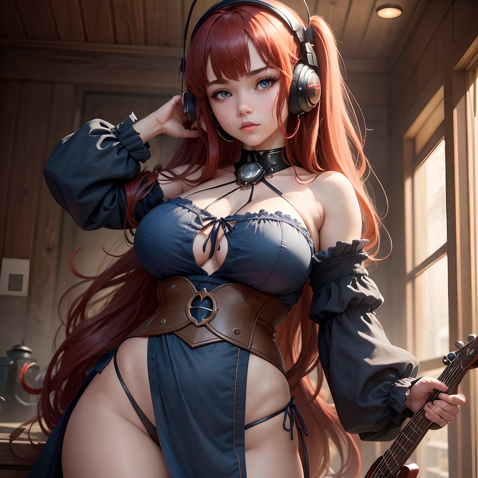 8k, masterpiece, best quality, realistic, higly detailed, cowboy shot, 1girl, solo, miku, emotionless looking girl, medium-length red hair, strands of hair hanging over the right side of her face, a set of wireless headphones that have a triangle-shaped logo on the ear cups around her neck, dark blue eyes, average height, well-endowed figure, large breasts, bangs cover her right eye, Conquest Bringuer