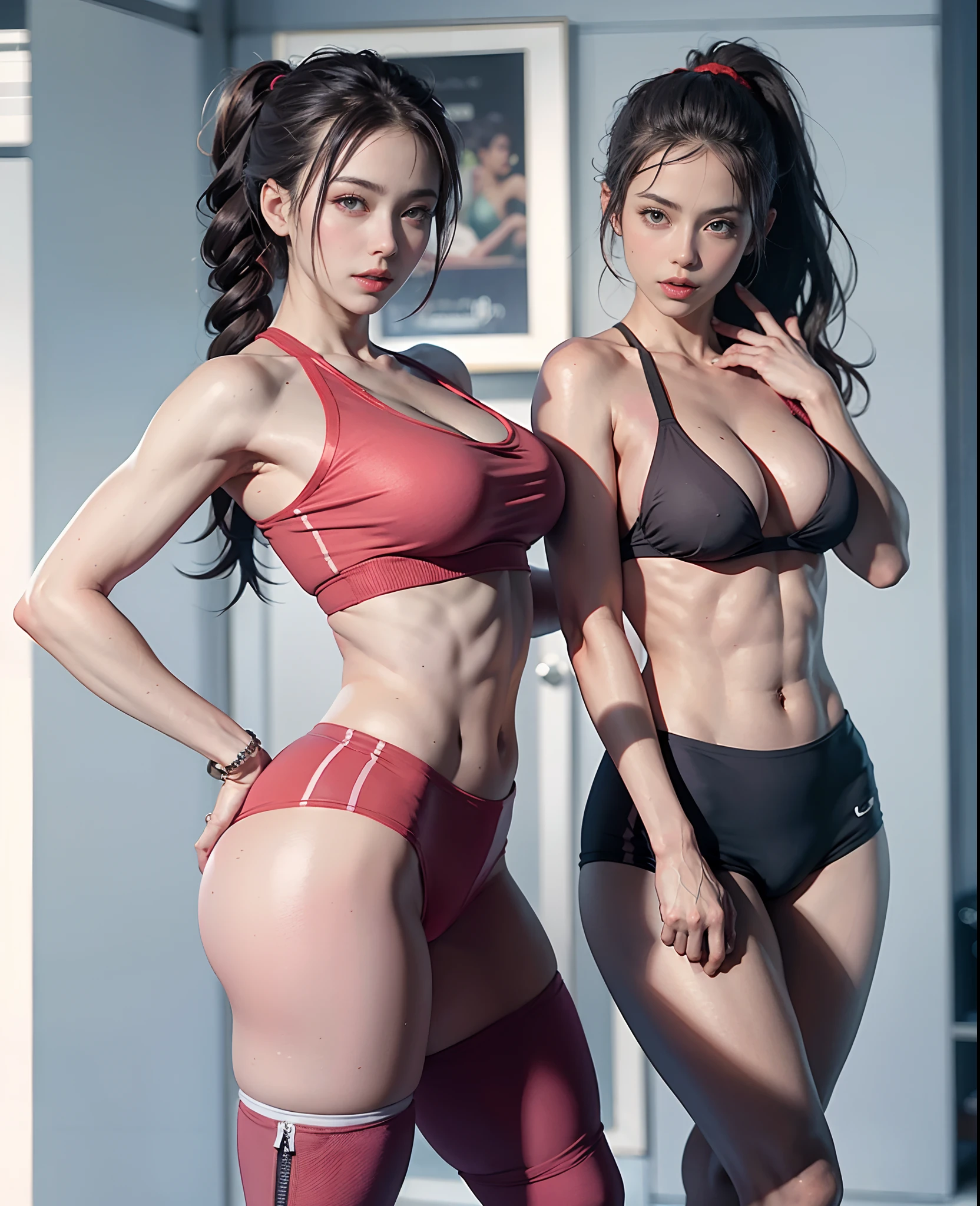 8k, masterpiece, photorealistic, two bare women in dynamic posing for a picture together, wearing nothing, cottagecore!! fitness body, eora, large breast, a bit muscular abs, cute face look, ponytail braid hair, with backdrop of natural light, fit, toned shape, seamless