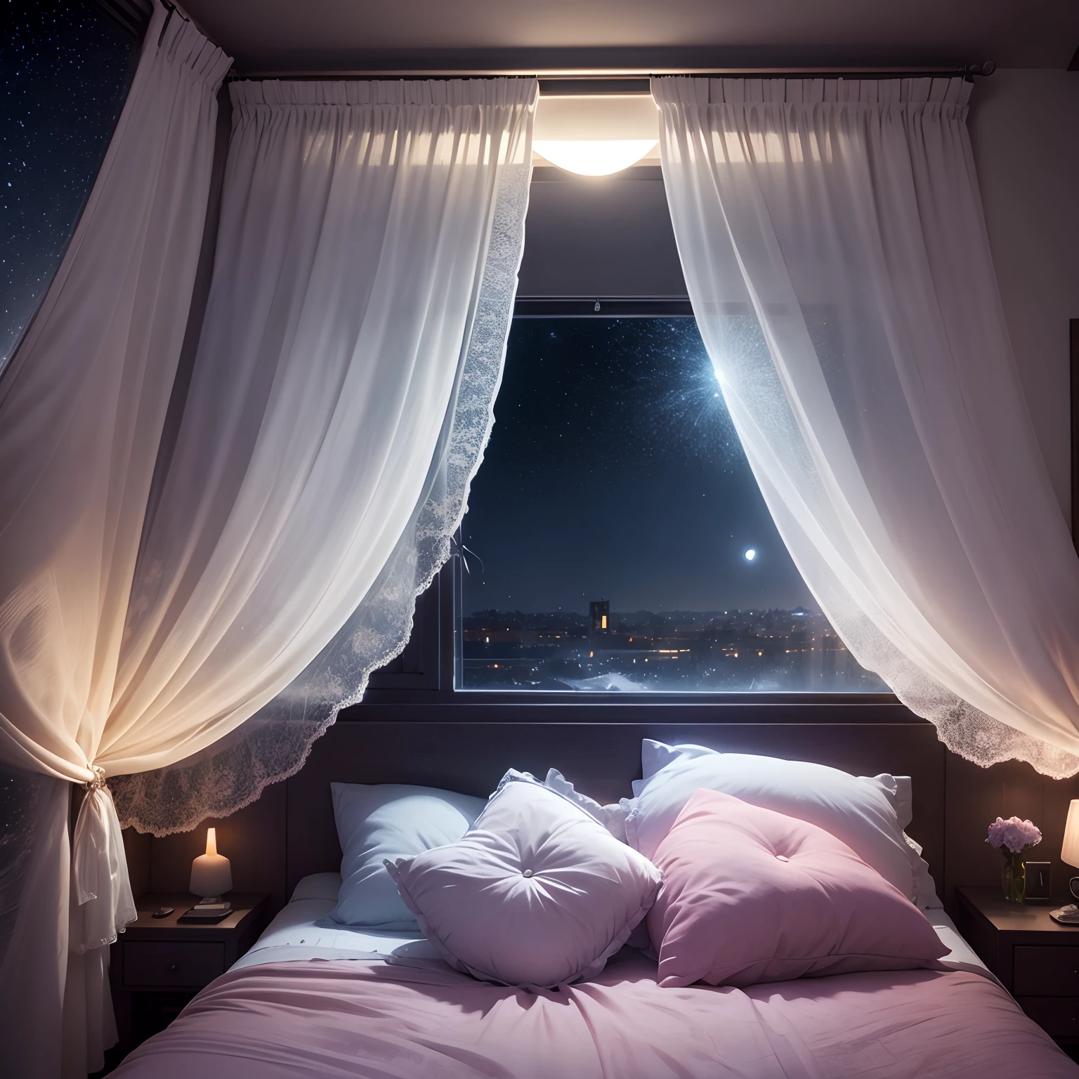 a room　The moon seen from the window　Sheer curtains　florals　butterflys々Wallpapers of　Floral bed　Soft cushion　Colorful lights