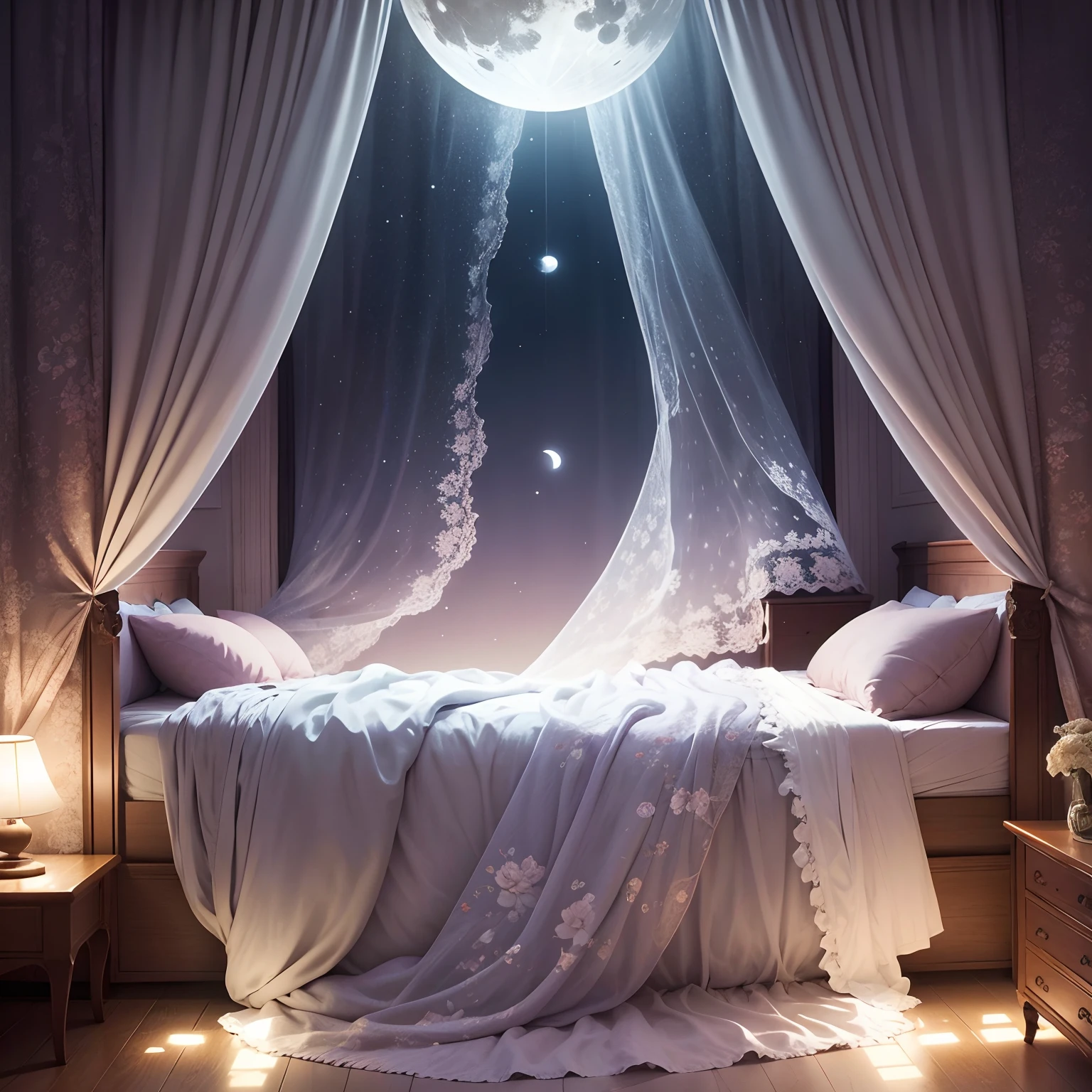 a room The moon seen from the window Sheer curtains florals butterflys々Wallpapers of Floral bed Soft cushion Colorful lights
