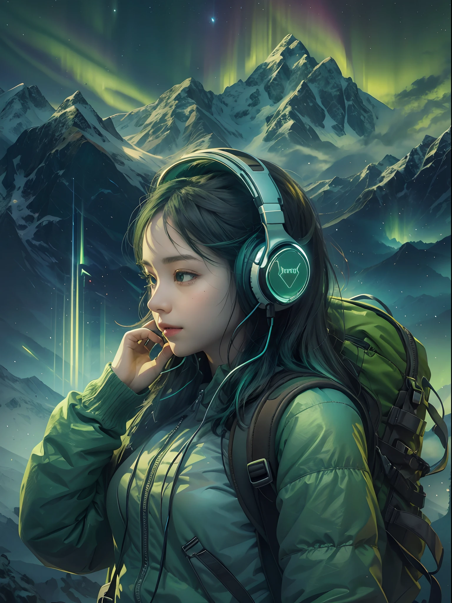 Girl with headphones and backpack looking at a Mountain, green aurora brilliant lightsin background effects, detailed, very highly detailed portrait, 16K UHD detailed graphics