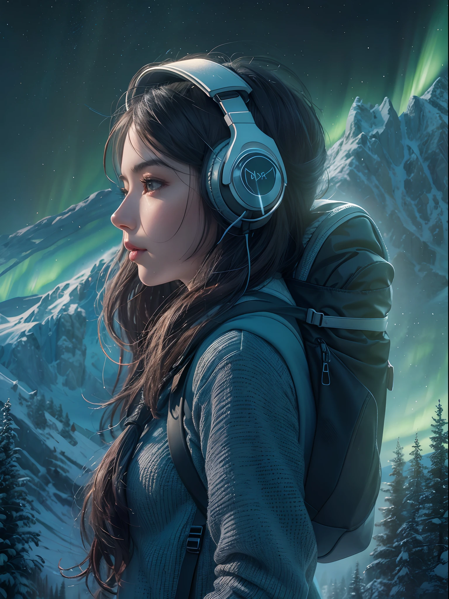 Girl with headphones and backpack looking at a Mountain, green aurora brilliant lightsin background effects, detailed, very highly detailed portrait, 16K UHD detailed graphics