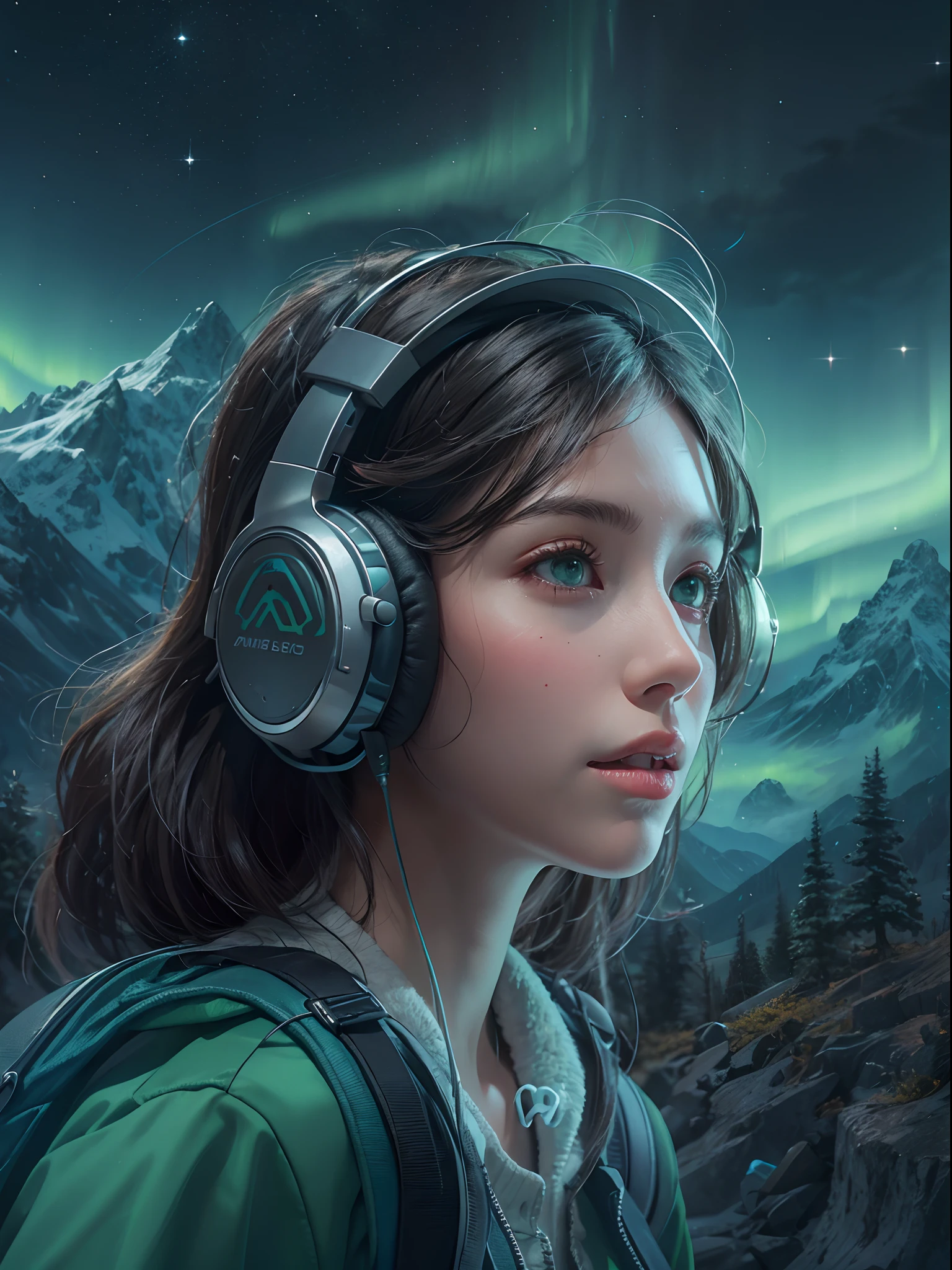 Girl with headphones and backpack looking at a Mountain, green aurora brilliant lightsin background effects, detailed, very highly detailed portrait, 16K UHD detailed graphics