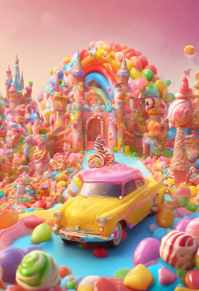 A car driving in the candy kingdom,(Masterpiece, Best quality:1.3), A charming enchanted castle, Full background, (candyland:1.5), ice cream, No Man, fantasy, Rainbow, balloon, Sharp focus, Colorful, (Shiny:1.2), Natural lighting, Cupcakes, Confectionery, atmosphere, (full bloom:0.4), Pastel colors,