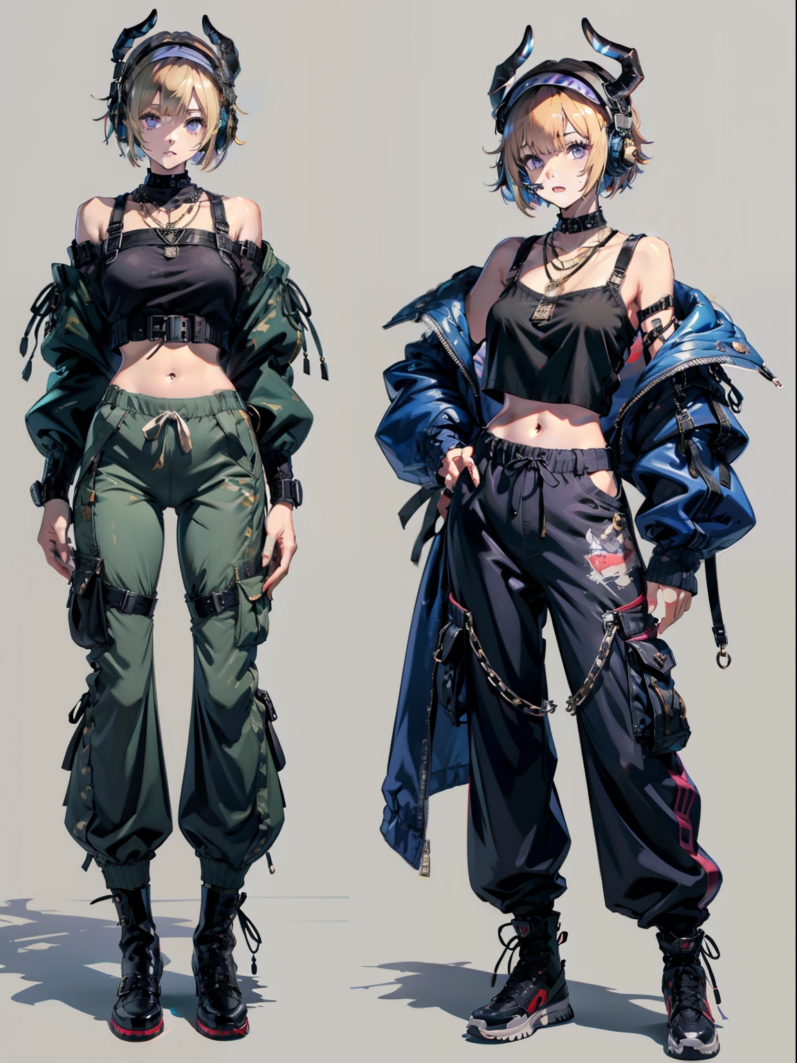 Woman in purple costume holding microphone、It has horns like sheep、Wearing a necklace、Wearing headphones in your ears、hard rock、Wearing a camisole、Black belt camouflage pattern pants、Little devil composition、short-cut、Jacket with sleeves、Shoulder out、Wear long boots that show the navel、Paleo wearing、singers、Double teeth are visible、Wide pants、Glamorous、Muchimuchi、hiquality、livestream、Baggy pants, in military uniform, Large pants, army, Wear cargo pants, Wearing camouflage, High-waisted sweatpants