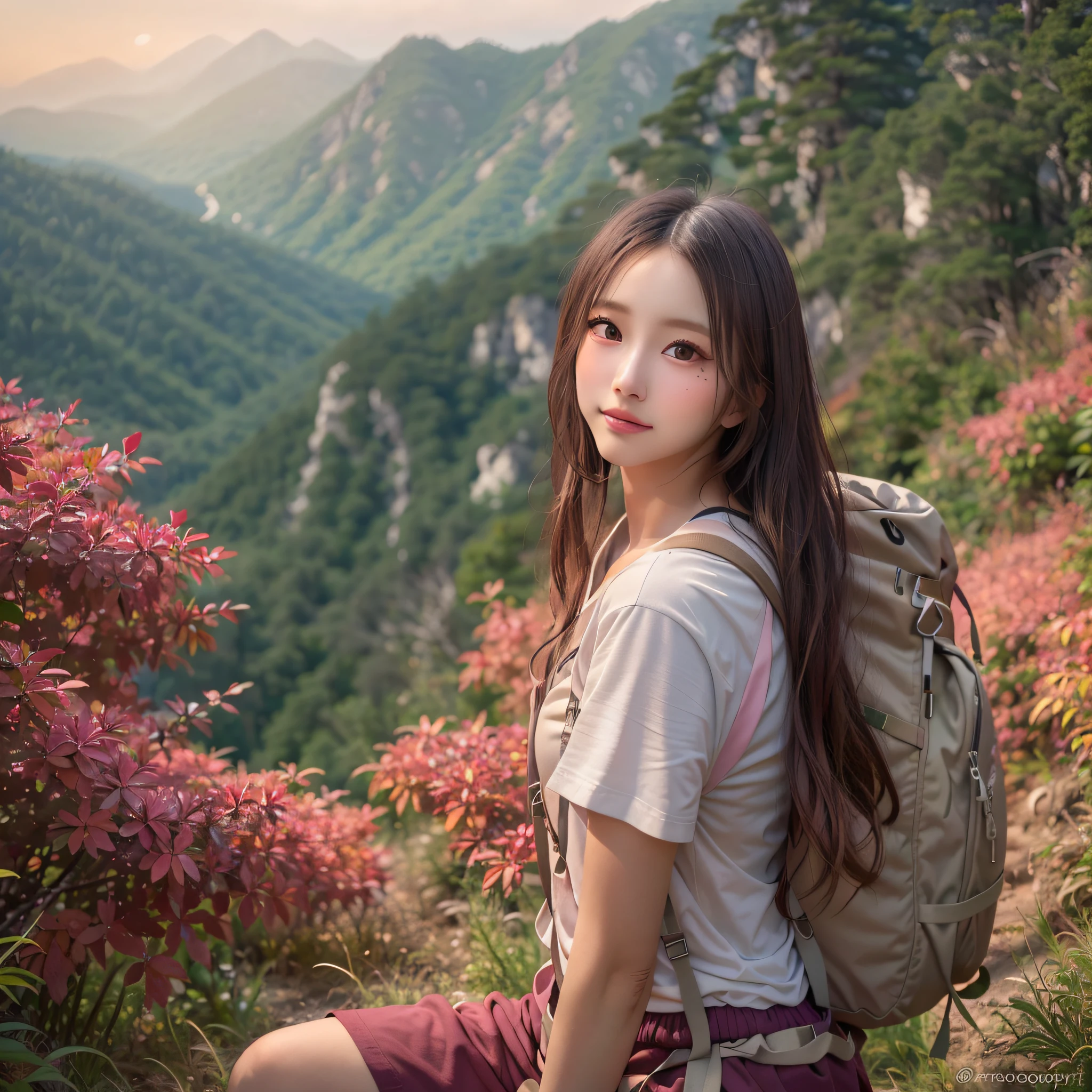 (Naturescape photography), (best quality), masterpiece:1.2, ultra high res, photorealistic:1.4, RAW photo, (Magnificent mountain, sea of clouds), (On a very high mountain peak), (sunset), (wideangle shot),  (Show cleavage:0.8),
(1girl), (Photo from the knee up:1.3), (18 years old), (smile:1.2), (shiny skin), (real skin), (semi-long hair, dark brown hair)
(Large white V-neck T-shirt, pink Trekking shorts), (Carrying a large backpack), 
(ultra detailed face), (ultra Beautiful fece), (ultra detailed eyes), (ultra detailed nose), (ultra detailed mouth), (ultra detailed arms), (ultra detailed body), pan focus, looking at the audience, Colored leaves