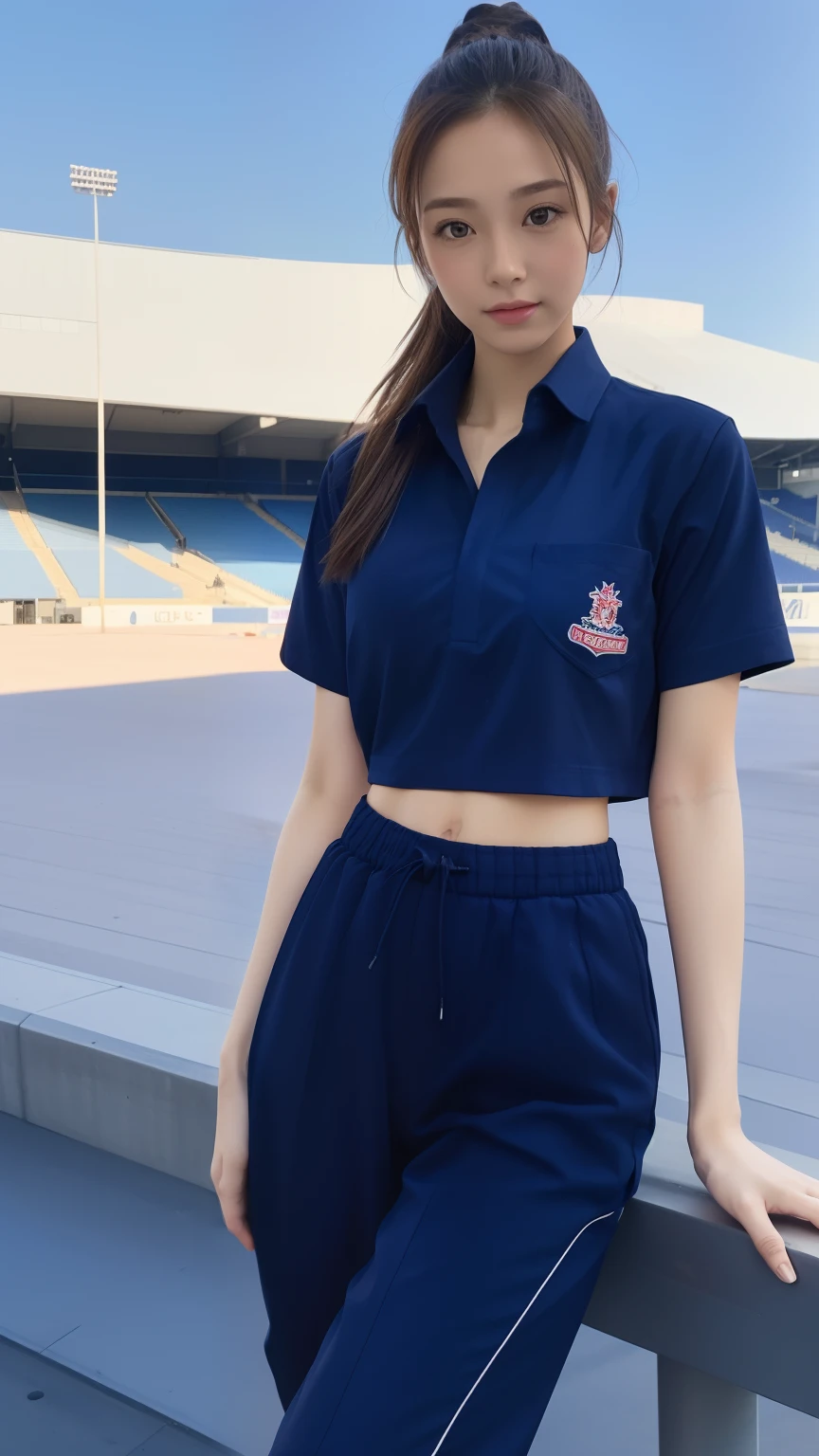 (bestquality,10,10,highres,masterpiece:1.2),ultra-detail,(Realistic,photorealistic portrait,photo-realistic:1.37),1 Cute girl in the football field,oily shiny skin,bara,light smile,BDclothes,((Blue Shirt:1.3)),short sleeves,Shirt out pants,(navy_long_Track Pants:1.1), ((Stadium Background:1.3)),dynamic angle,excited,face focus,Dynamic Poses,from behide,Ass Focus,masterpiece, bestquality, ultra realistic, hyper-detail, 8k resolution, RAW photo, crisp focus, ((Navy blue shirt:1.1)), short sleeves, Long Path, Perfect body, 2 mature women, 18yo, cinematic light,Blue sweatpants,Gymware,Correct anatomy,Complete body, Correct body, sharp face, Anatomically correct body, full entire body, Realistic gestures, long-haired, Realistic poses,Wear long shorts.,Long leg span,Shapely,Sculptive girl