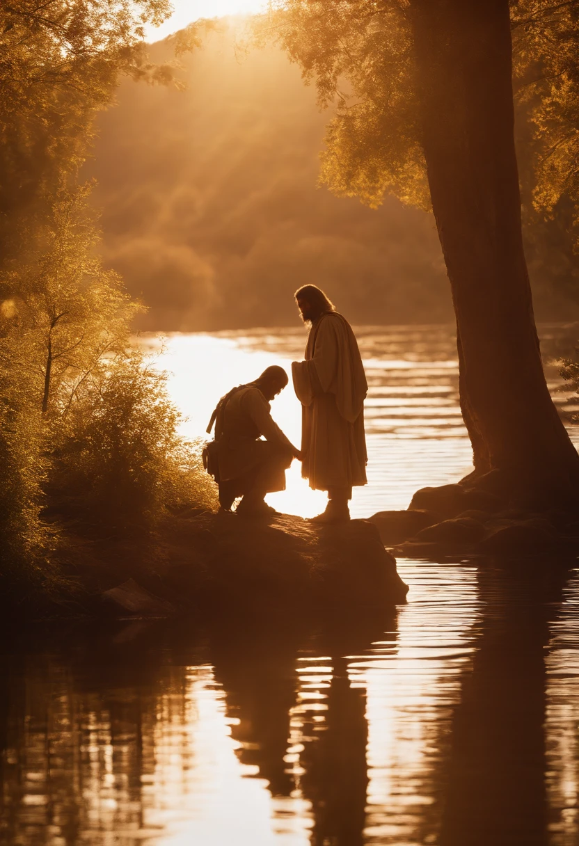 a soldier kneeling before Jesus Christ in front of a lake, where Jesus is blessing the soldier with his divine hands,illustration,high quality,ultra-detailed,realistic,portrait,military,warrior,kneeling posture,faith,hope,humility,sacred moment,serenity,sunlit background,rippling water,reflection,miraculous atmosphere,warm color palette,soft lighting