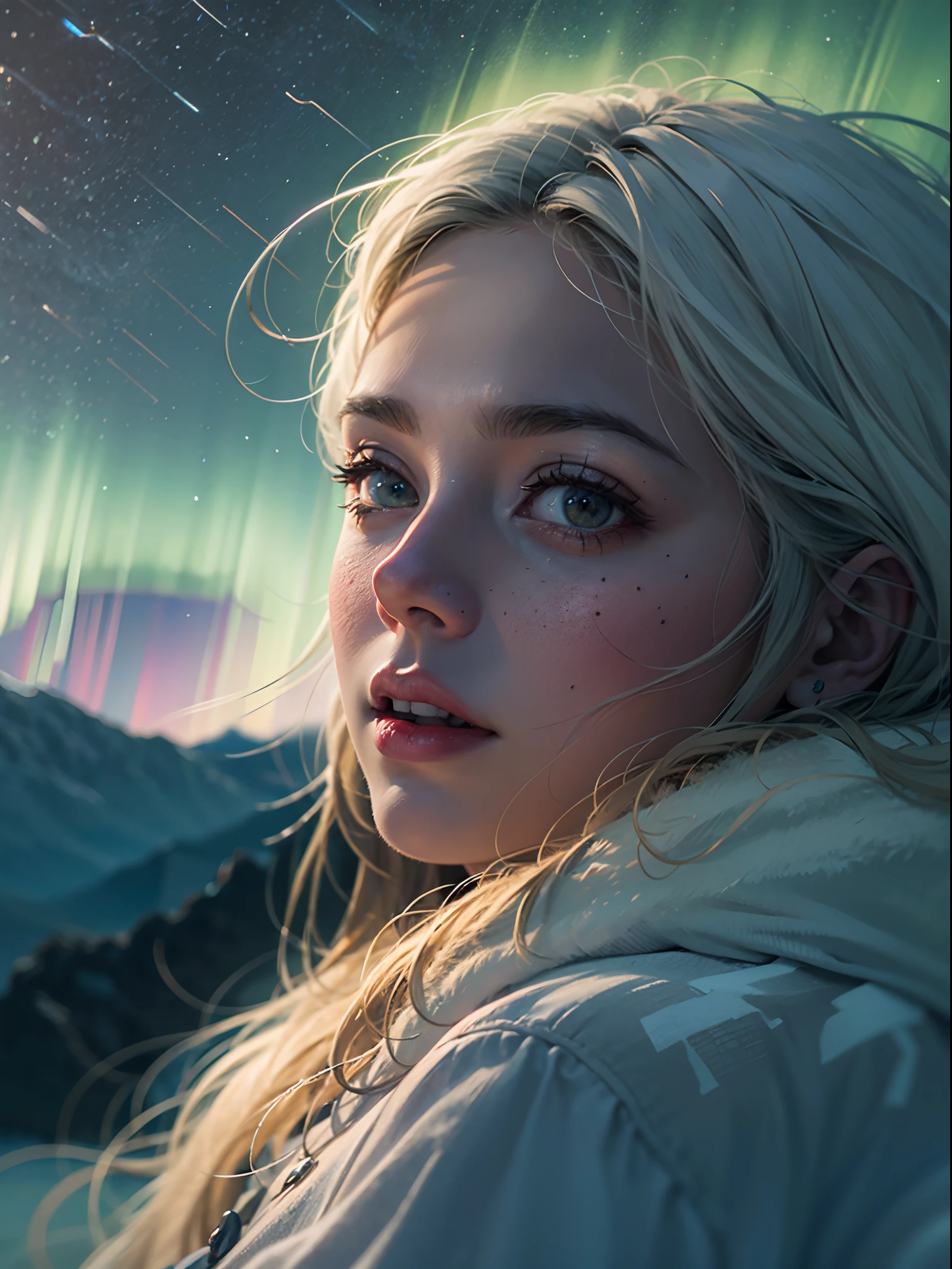 A girl sitting on the mountain and see the aurora, beautiful view, very detailed, realistic, extremely high definition detailed portrait, shot by Sony alpha a7, background blure with heavy cold weather, detailed body, cover the every part of details, 24K UHD graphics, best quality graphics, masterpiece, realistic